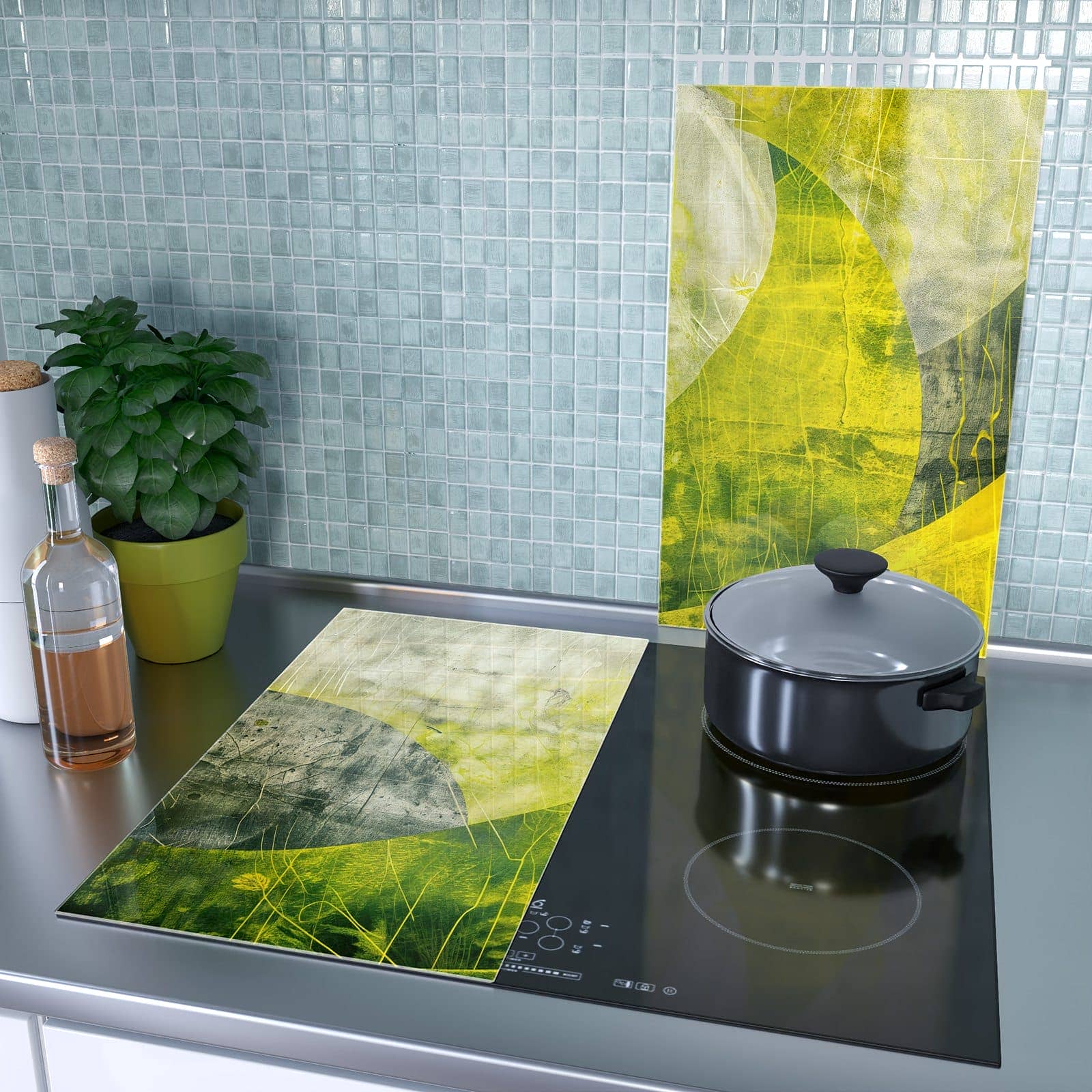 2-teilige Abdeckplatten Ceranfeld mit Abstraktkunst-Motiv als Spritzschutz hinter dem Kochfeld