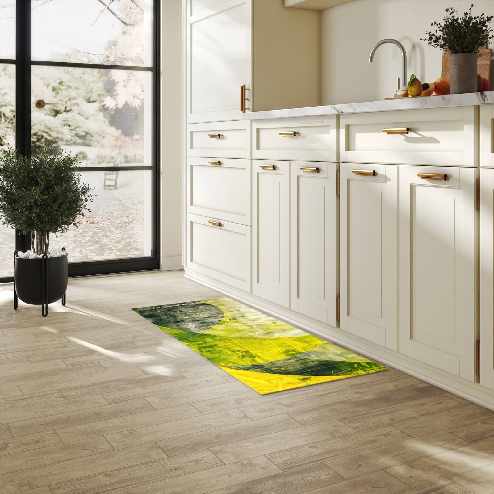 Rutschfester Küchenläufer mit Motiv Abstraktkunst in heller Küche