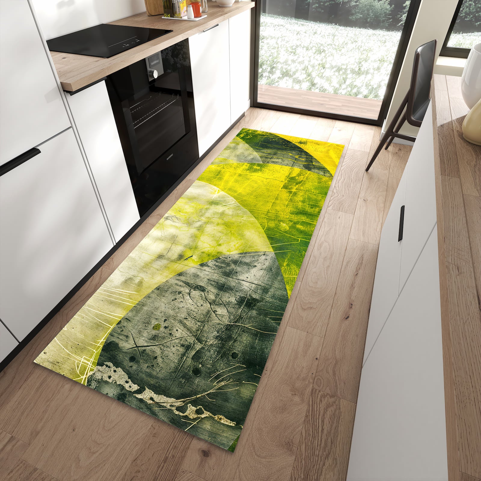 Waschbarer Küchenteppich mit Motiv Abstraktkunst in moderner Küche