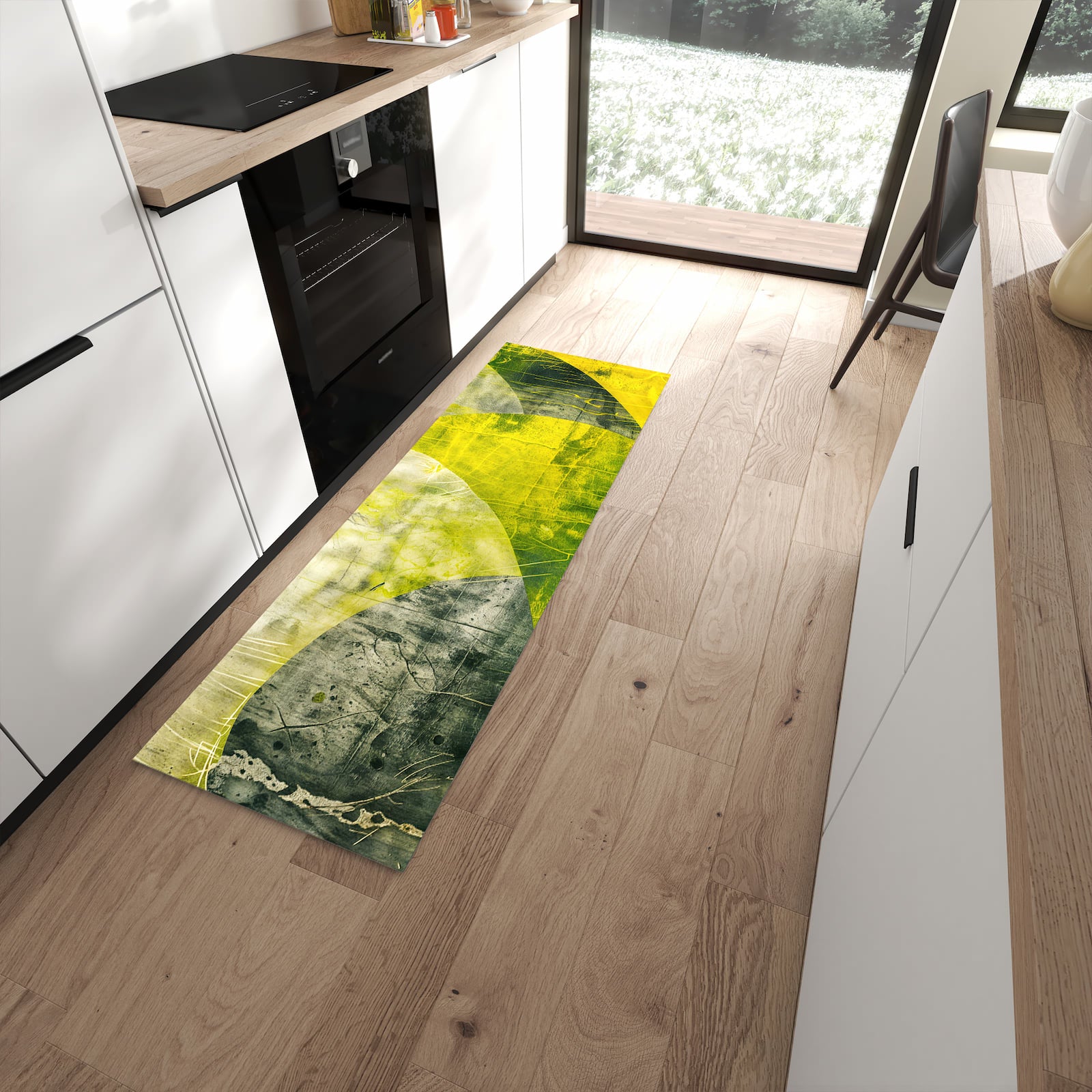 Komfortabler Bodenläufer-Teppich mit Motiv Abstraktkunst in moderner Küche