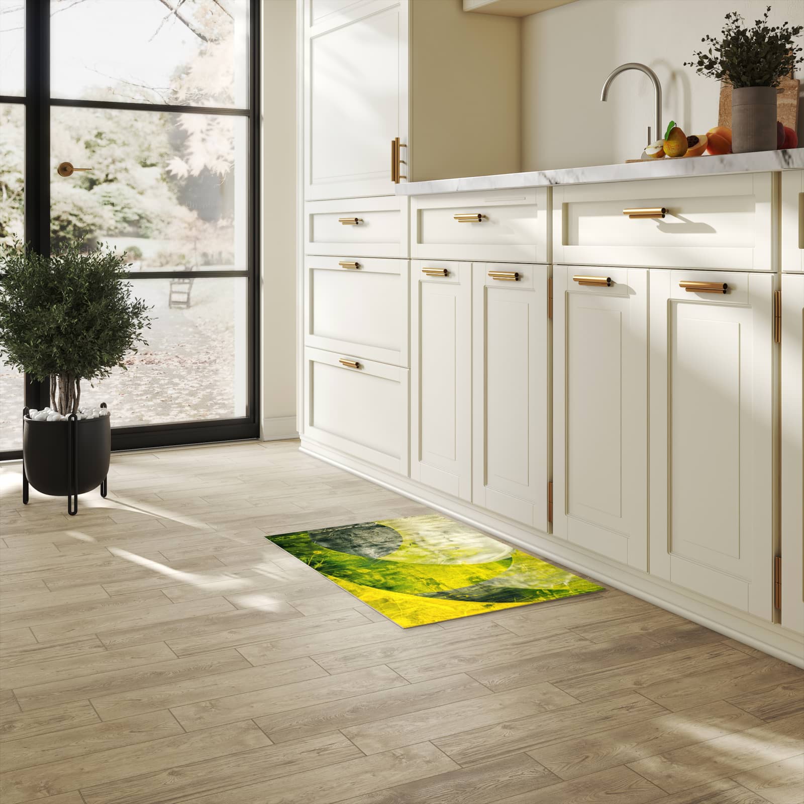 Abwaschbarer Küchenteppich mit Motiv Abstraktkunst in heller Küche