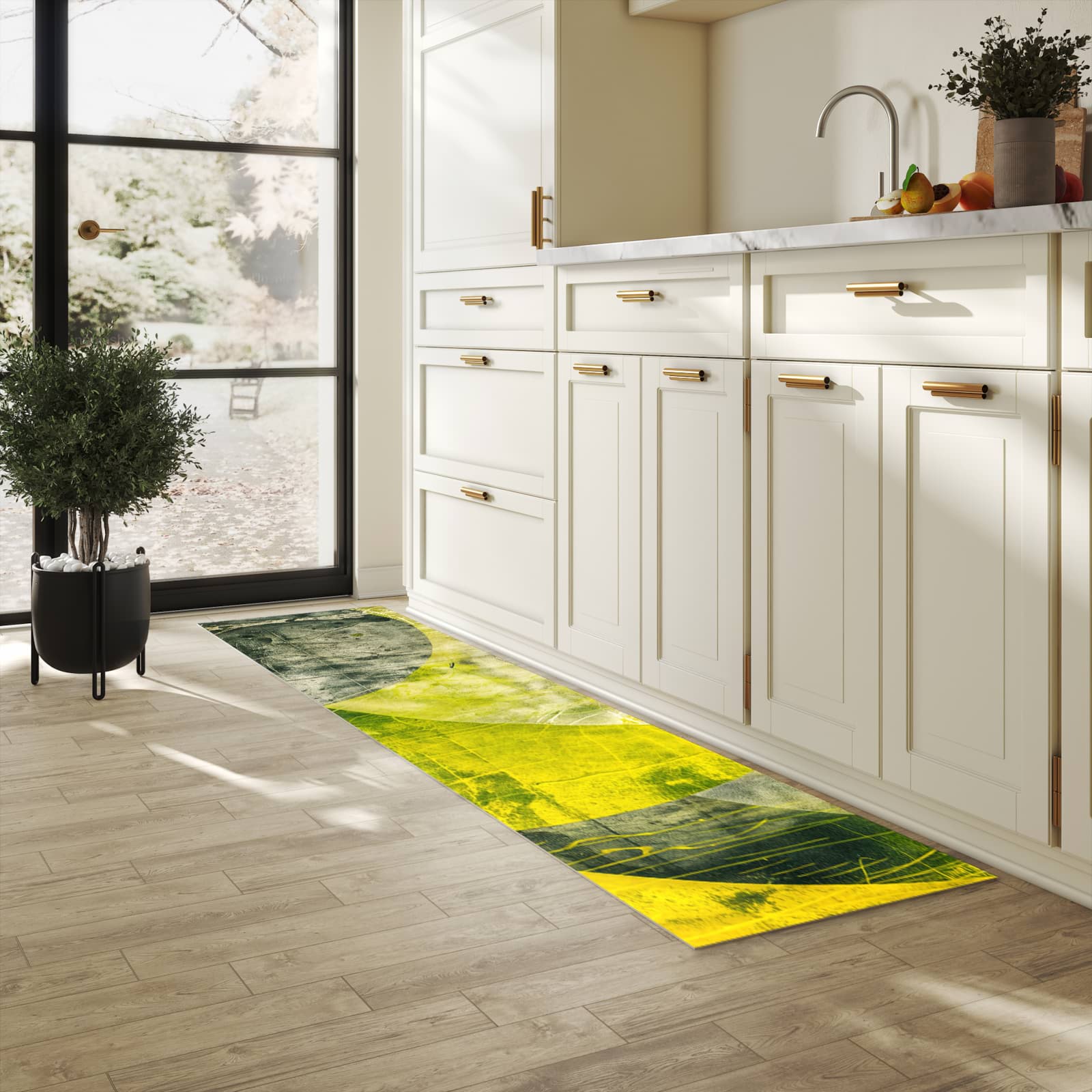 Hygienischer moderner Küchenläufer mit Motiv Abstraktkunst in heller Küche