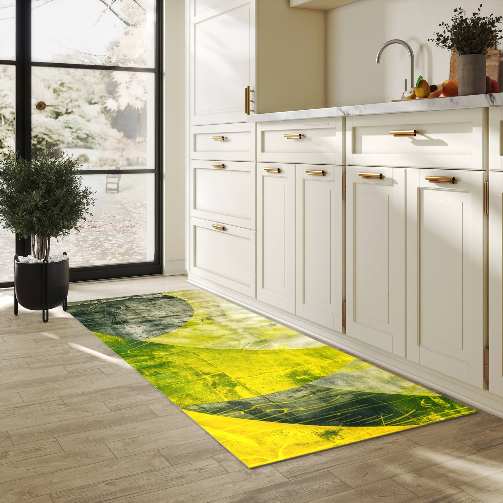 Bodenschonender Küchenteppich mit Motiv Abstraktkunst in heller Küche