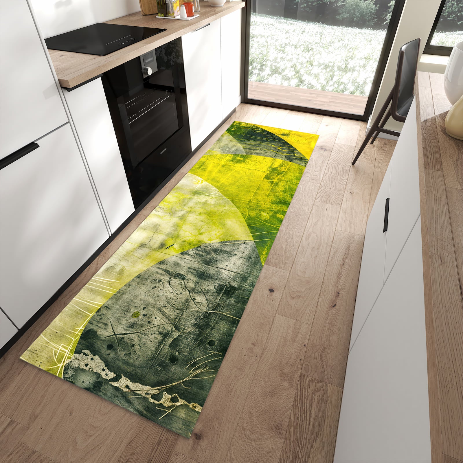 Flacher Küchenteppich mit Motiv Abstraktkunst in moderner Küche - waschbar