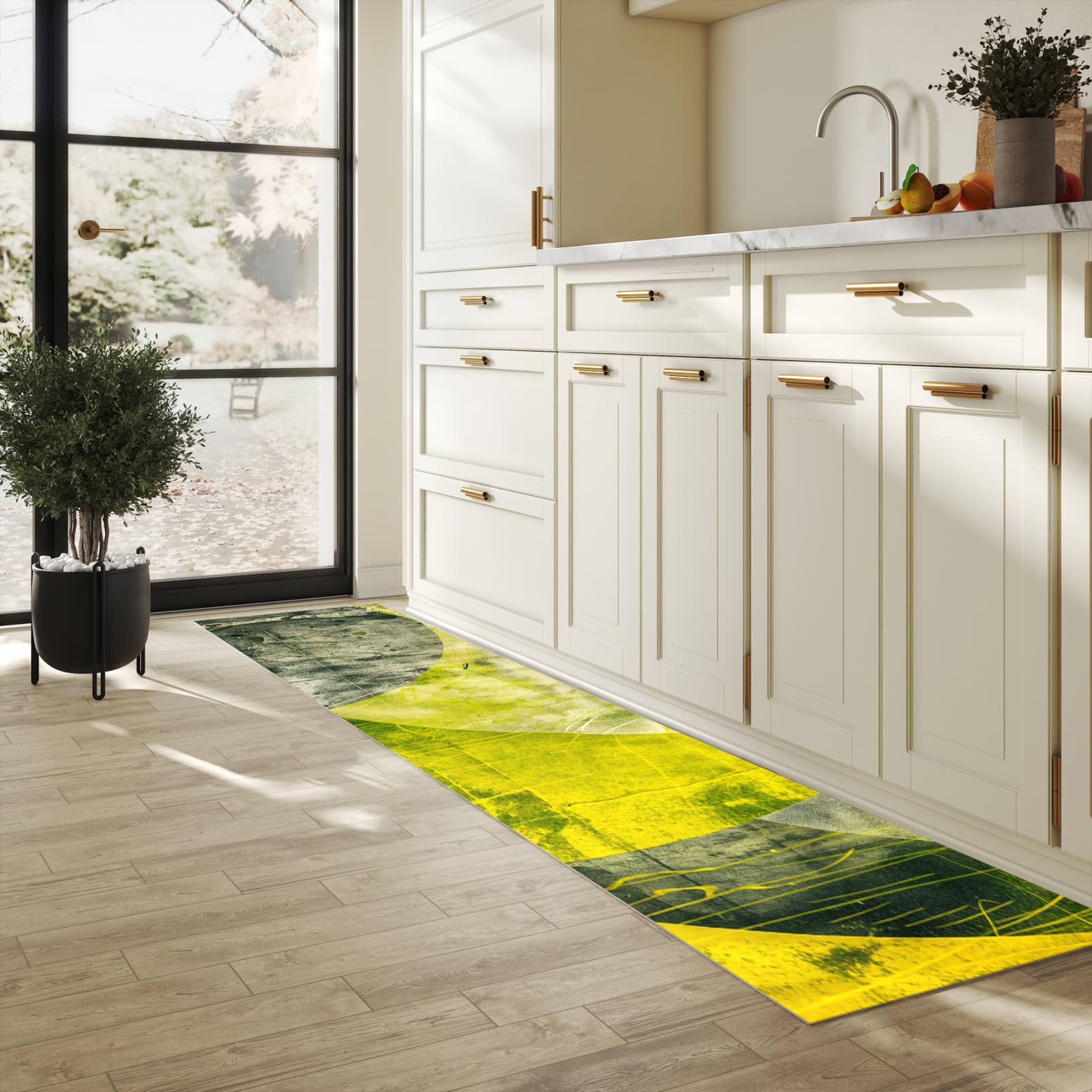 Strapazierfähiger abwaschbarer Küchenläufer mit Motiv Abstraktkunst in heller Küche