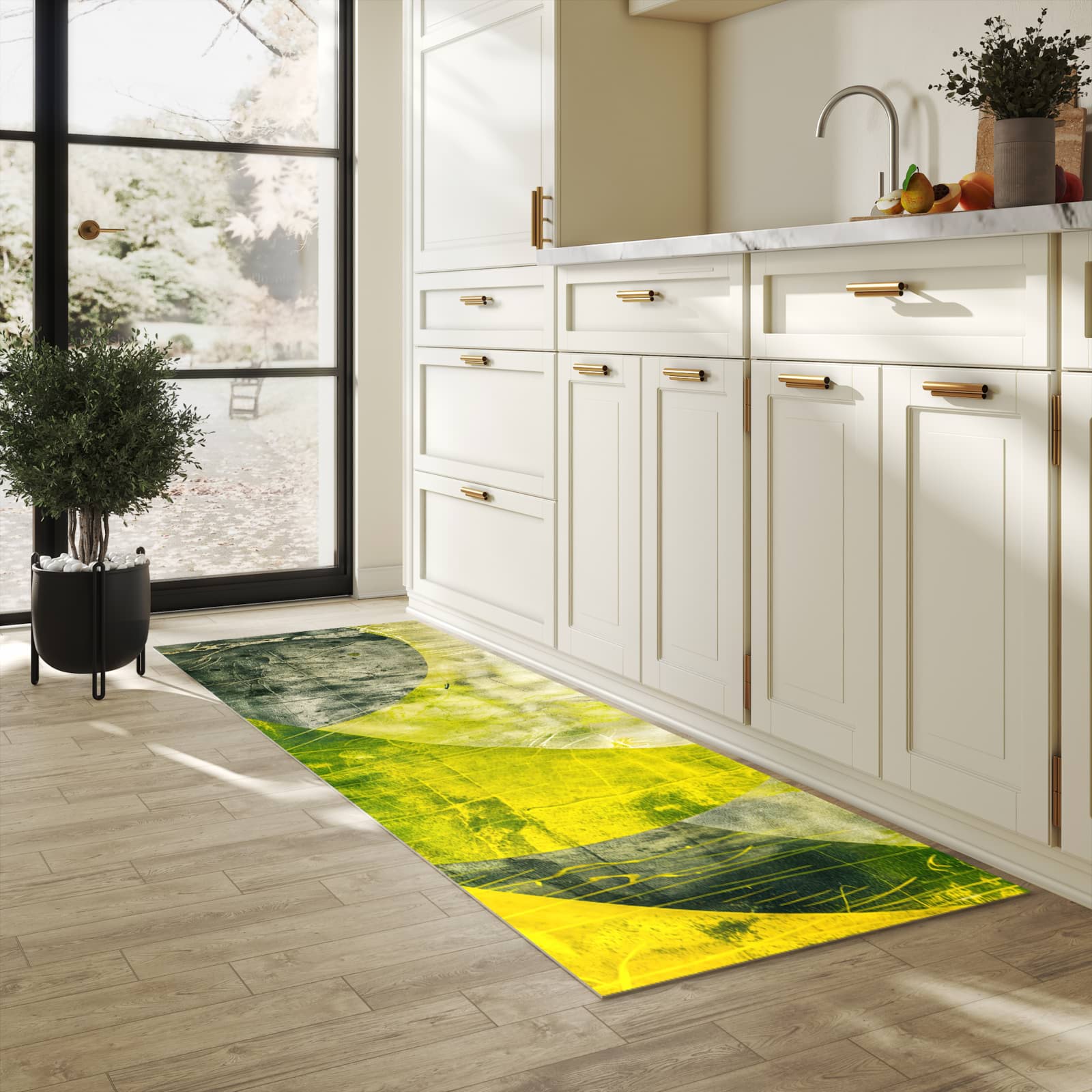 Rutschfester Küchenteppich mit Motiv Abstraktkunst in heller Küche