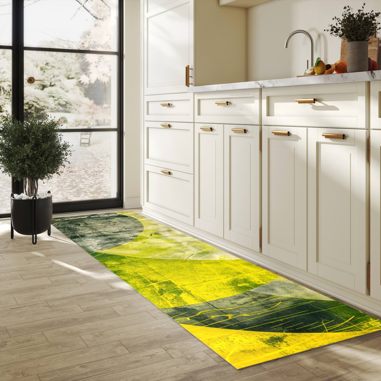 Bodenschonender Küchenteppich mit Motiv Abstraktkunst in heller Küche