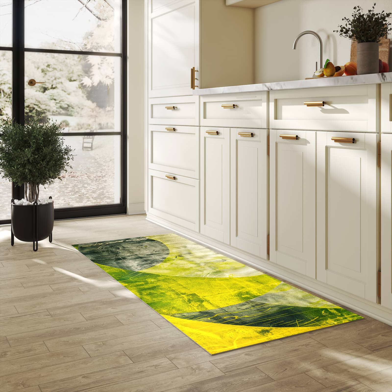 Langlebiger Küchenläufer mit Motiv Abstraktkunst in heller Küche