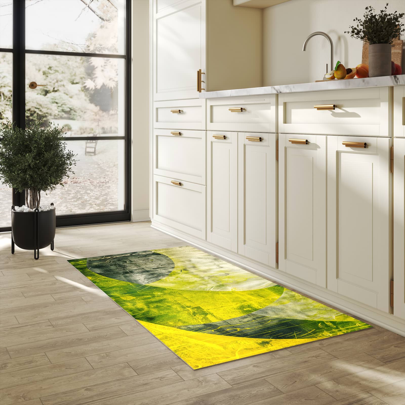 Küchenteppich mit Motiv Abstraktkunst für Ordnung in heller Küche