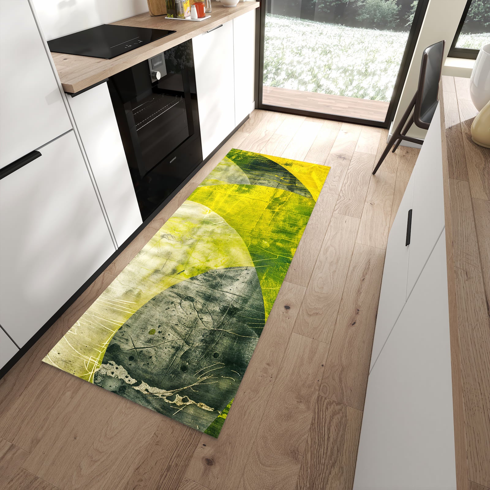 Langlebiger Küchenteppich mit Motiv Abstraktkunst in moderner Küche