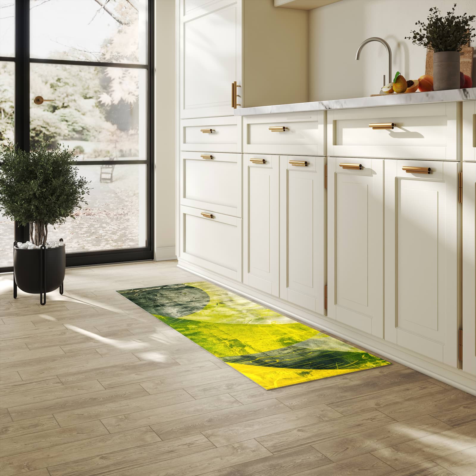 Pflegeleichter Küchenläufer nach Maß mit Motiv Abstraktkunst in heller Küche