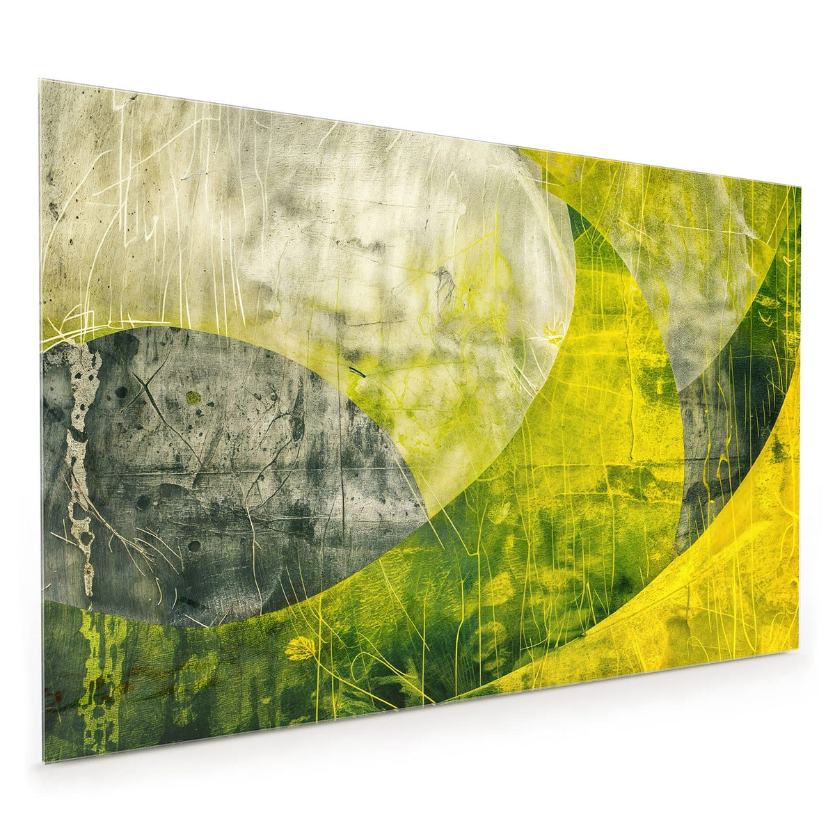 Küchenrückwand aus Glas im Hochformat mit Motiv Gelbgrüne Formen: Große geschwungene Flächen in Limettengelb, Grün und Betongrau mit Kratzspuren