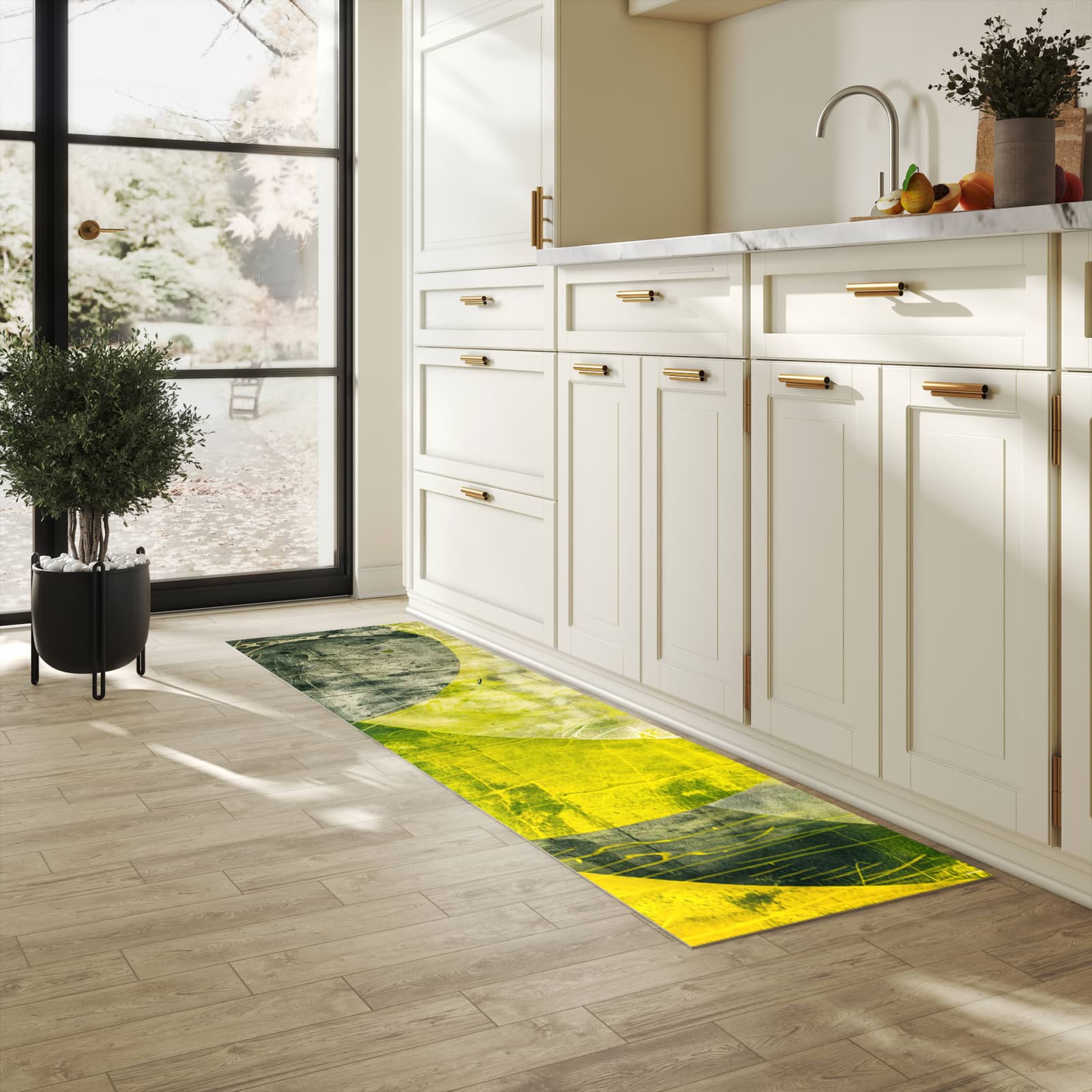 Waschbarer Küchenläufer mit Motiv Abstraktkunst in heller Küche für angenehme Haptik