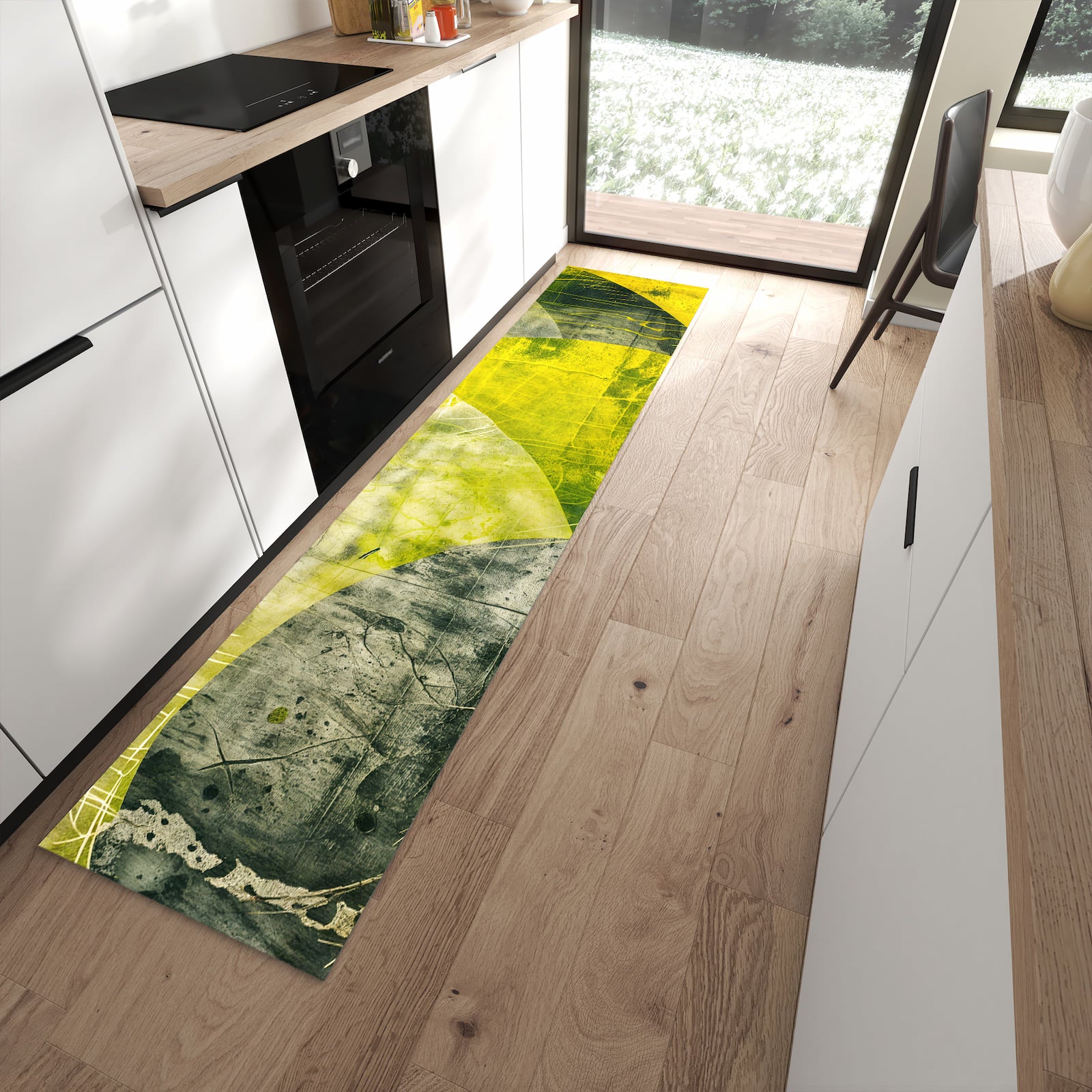 Fleckenresistenter waschbarer Küchenteppich mit Motiv Abstraktkunst in moderner Küche