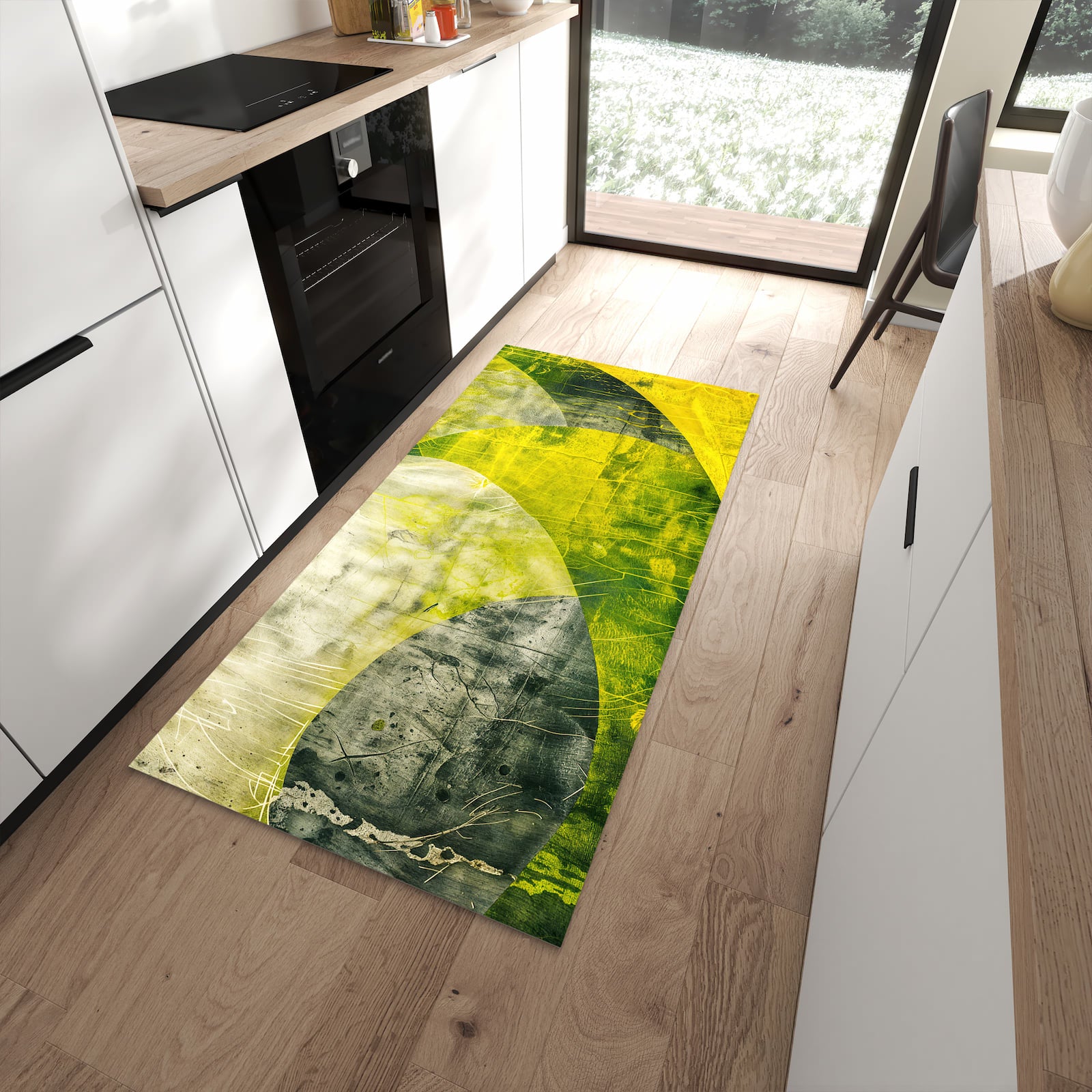 Rutschfester Küchenteppich mit Motiv Abstraktkunst in moderner Küche