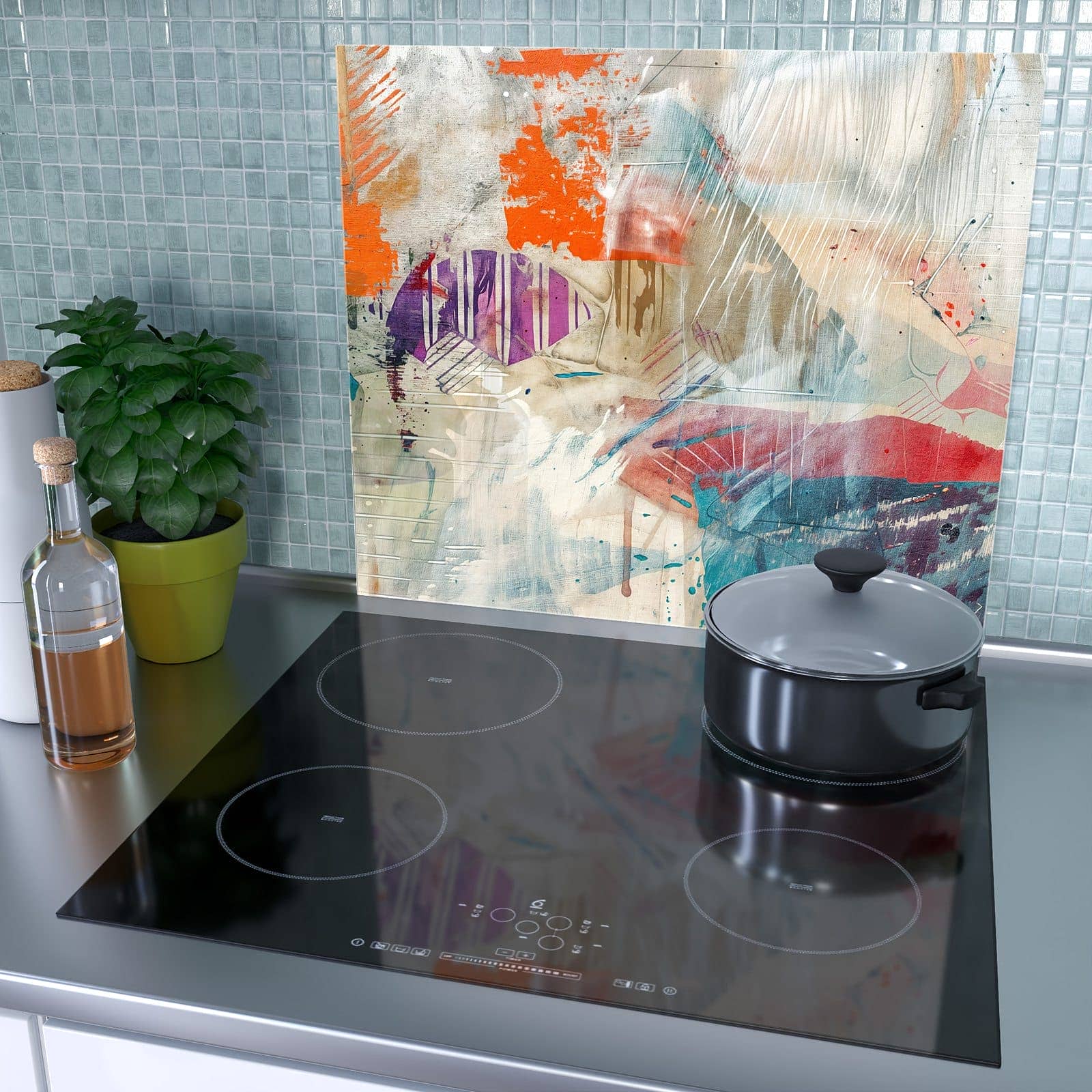 1-teilige Herdabdeckung für Induktionsfeld mit Abstrakte Kunst-Motiv als Spritzschutz hinter dem Kochfeld