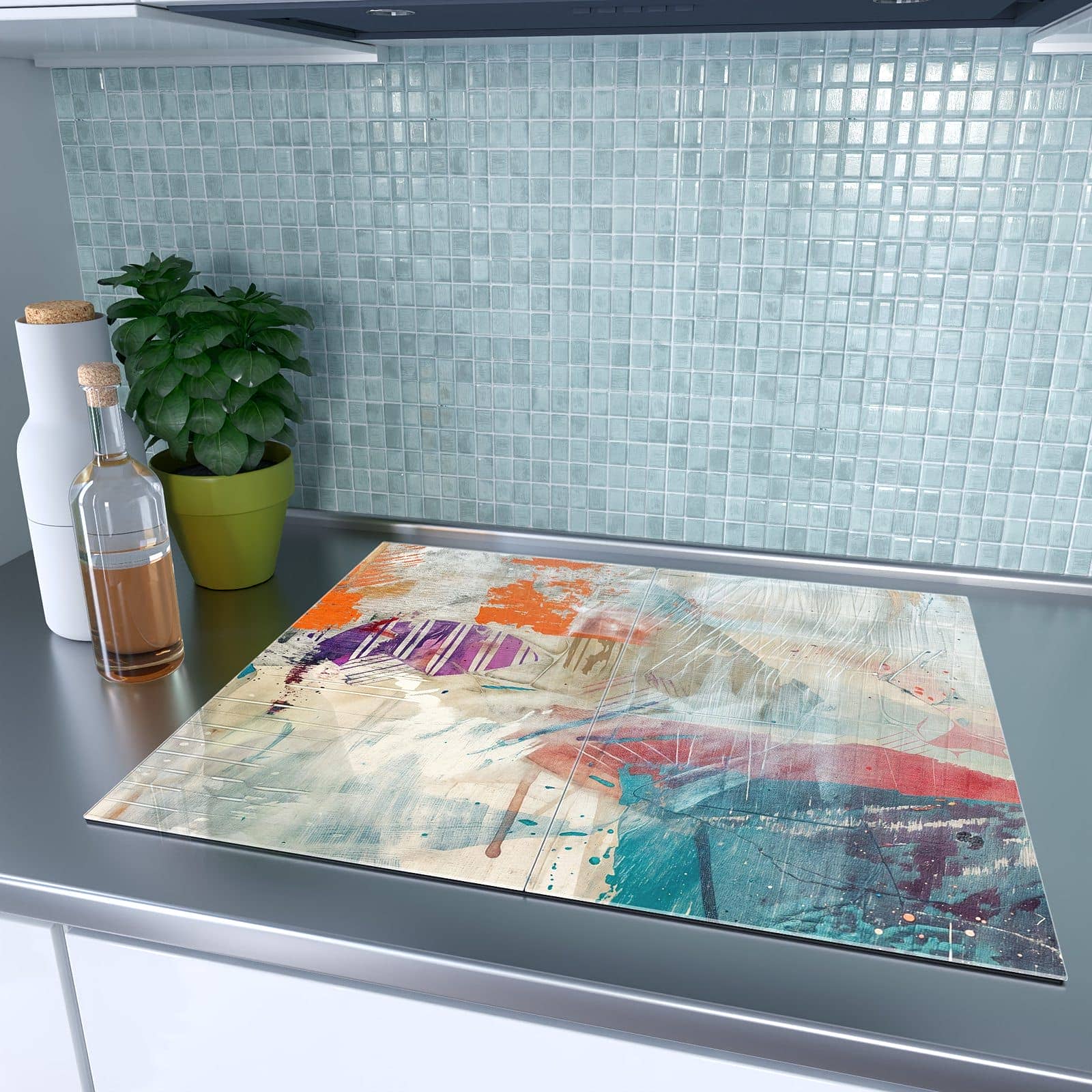 2-teilige Herdabdeckplatten aus Glas mit Abstrakte Kunst-Motiv auf dem Ceranfeld