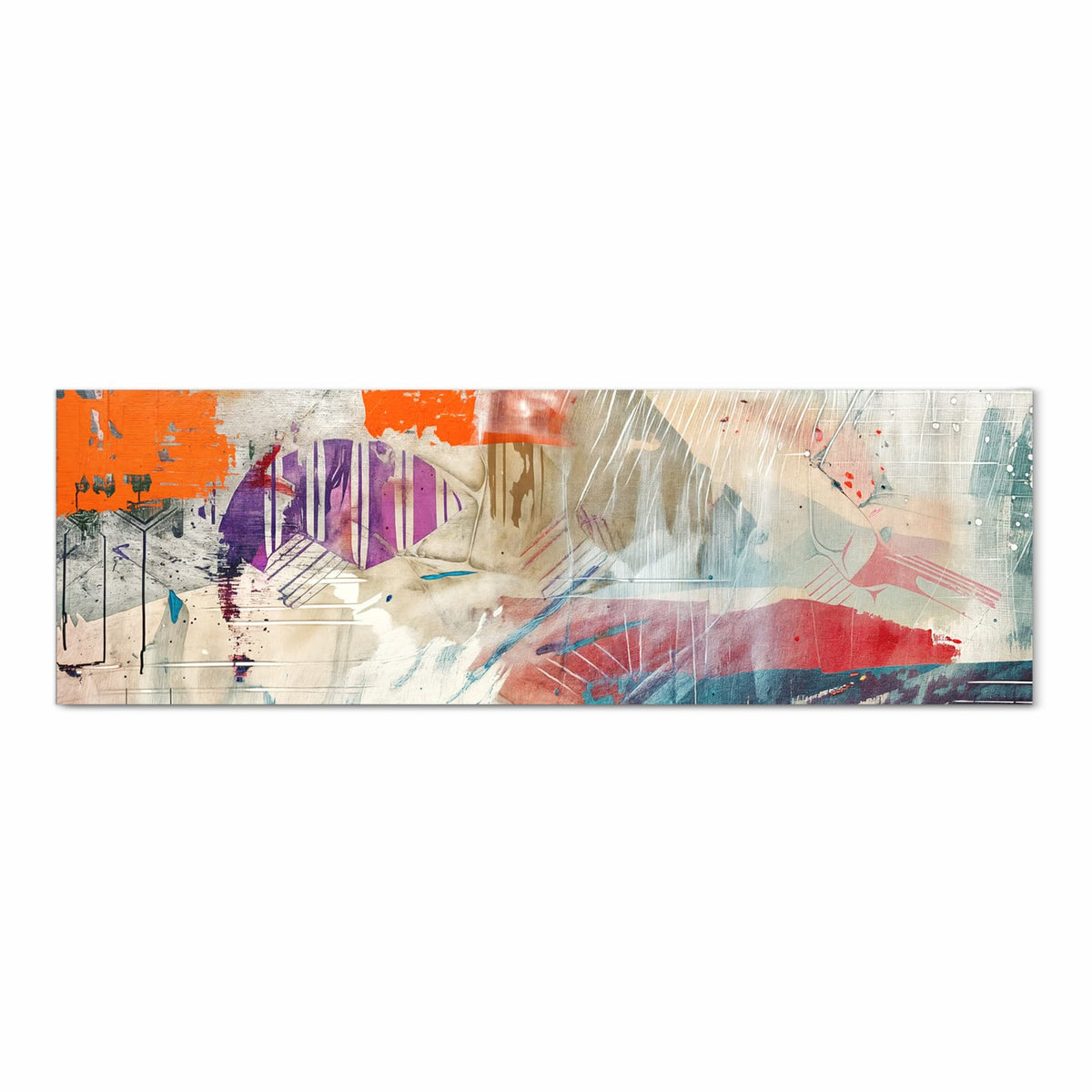 Collage aus orangen, violetten und türkisen Farbfeldern auf hellem Putz