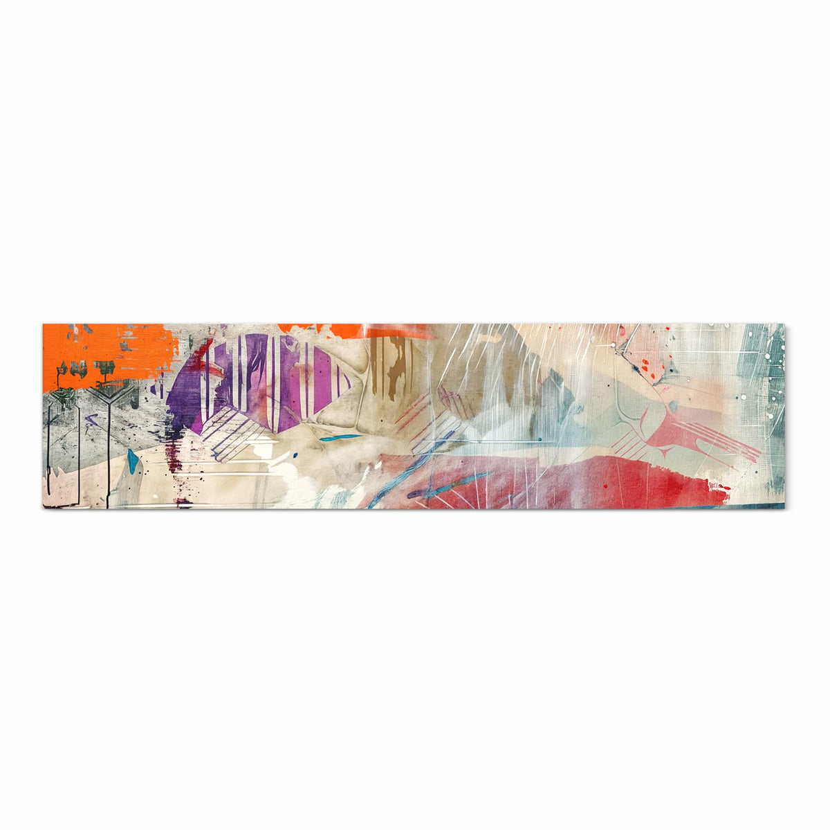 Collage aus orangen, violetten und türkisen Farbfeldern auf hellem Putz
