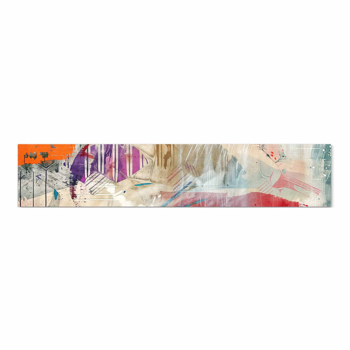 Collage aus orangen, violetten und türkisen Farbfeldern auf hellem Putz