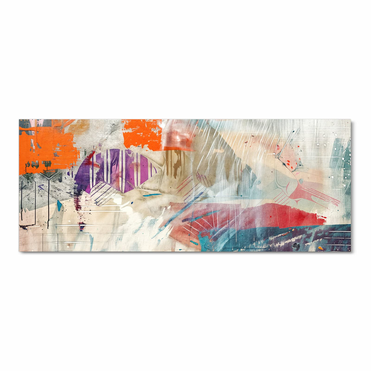Collage aus orangen, violetten und türkisen Farbfeldern auf hellem Putz