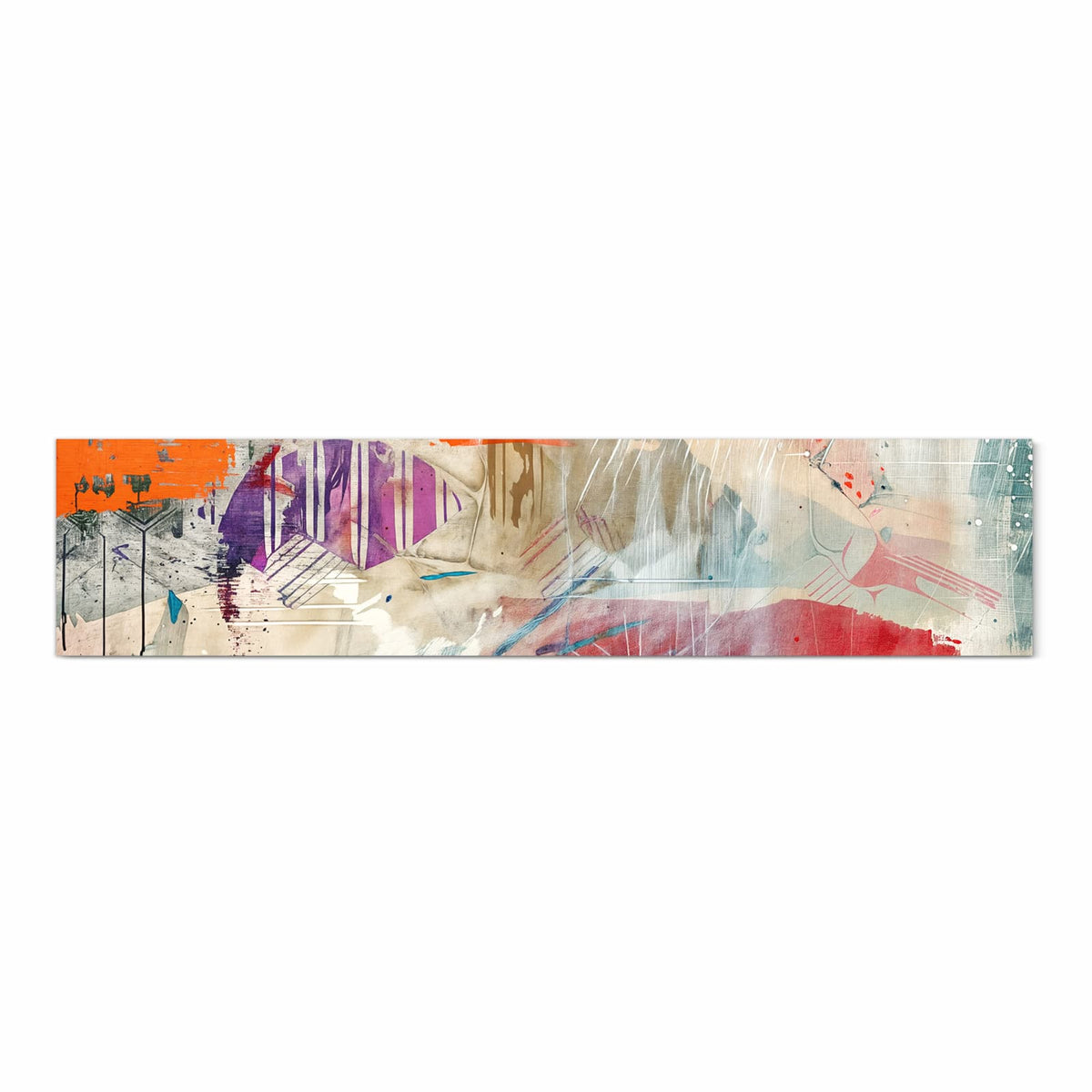 Collage aus orangen, violetten und türkisen Farbfeldern auf hellem Putz