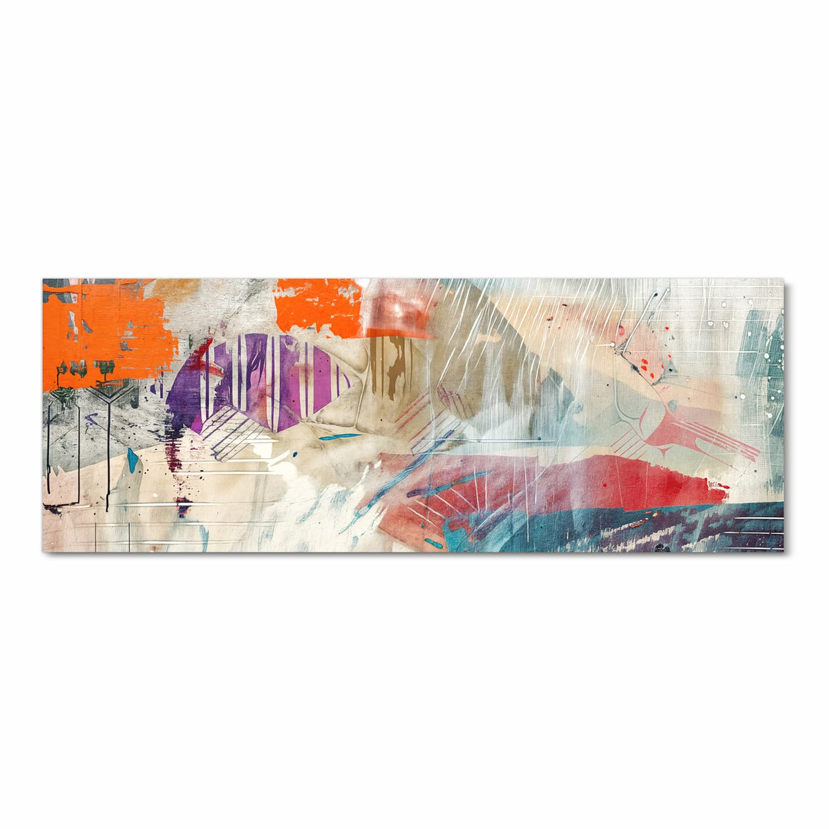 Collage aus orangen, violetten und türkisen Farbfeldern auf hellem Putz