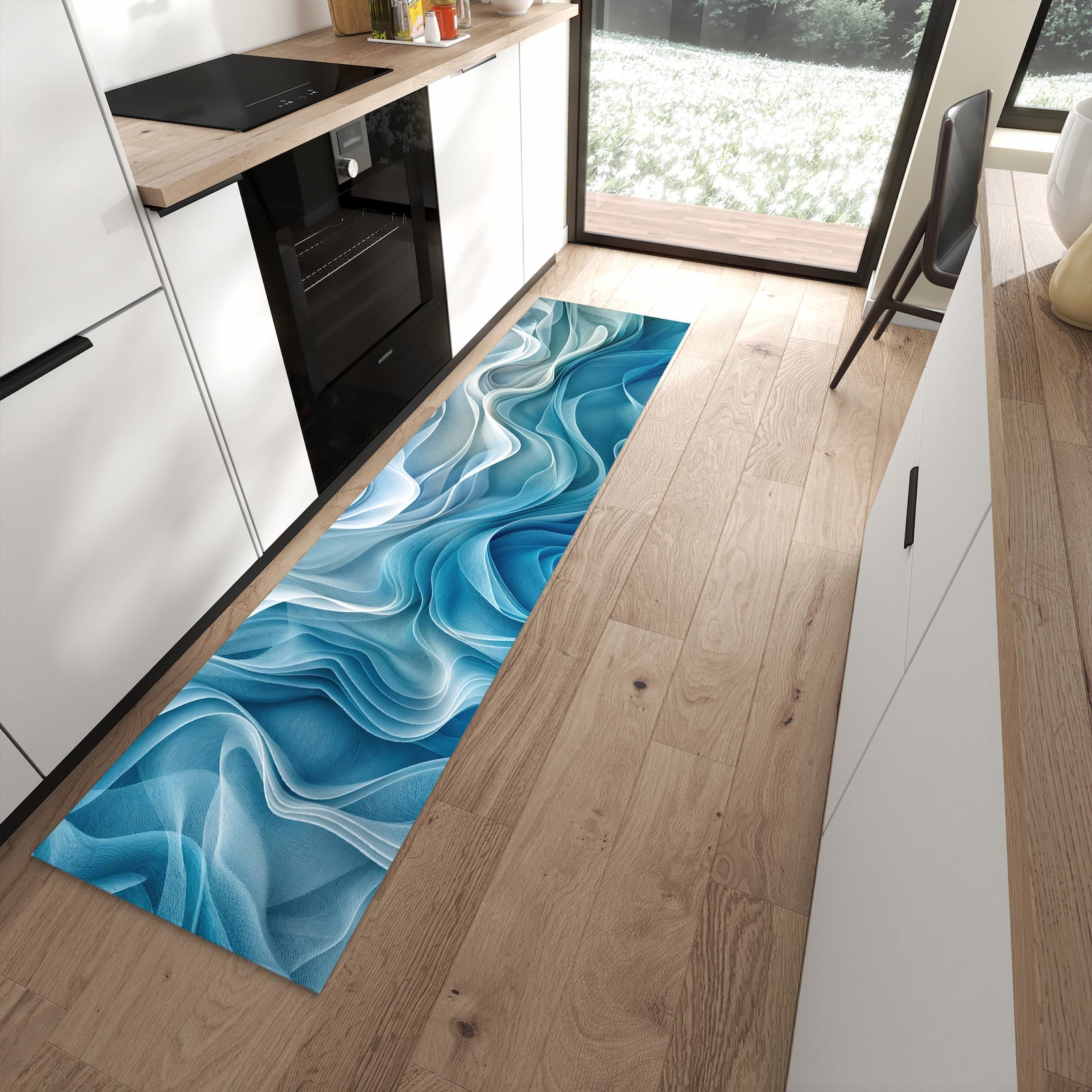Rutschfester waschbarer Küchenläufer mit Motiv Wellenfließend in moderner Küche