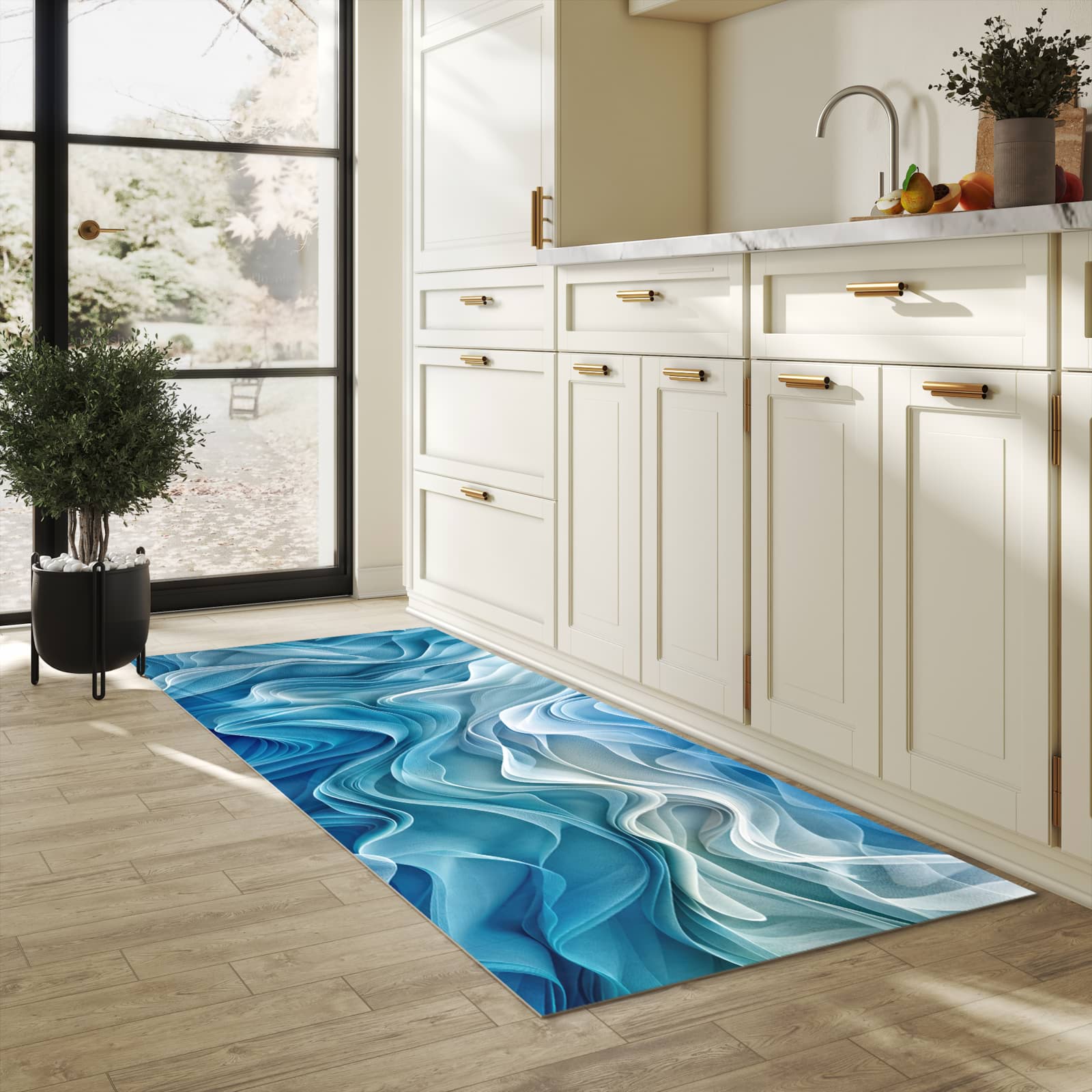Pflegeleichter waschbarer Küchenläufer mit Motiv Wellenfließend in heller Küche