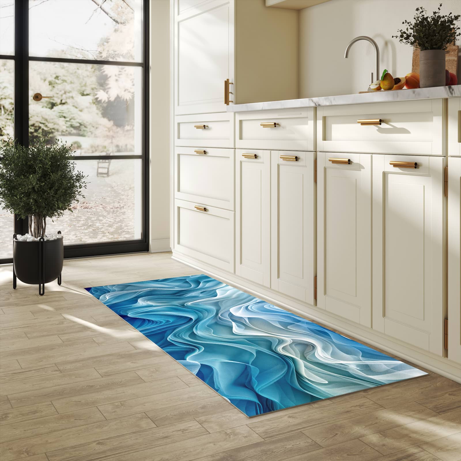 Fleckenresistenter Küchenläufer mit Motiv Wellenfließend in heller Küche