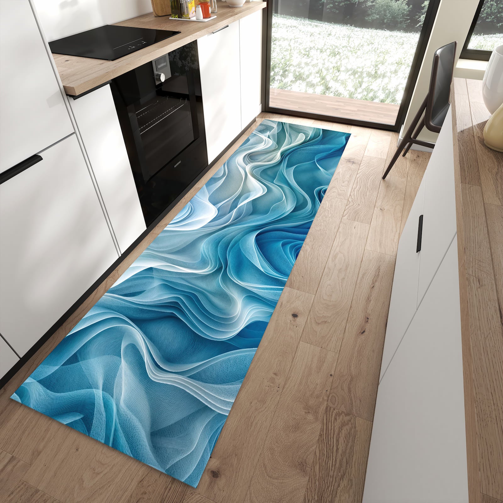 Formstabiler rutschfester Küchenteppich mit Motiv Wellenfließend in moderner Küche