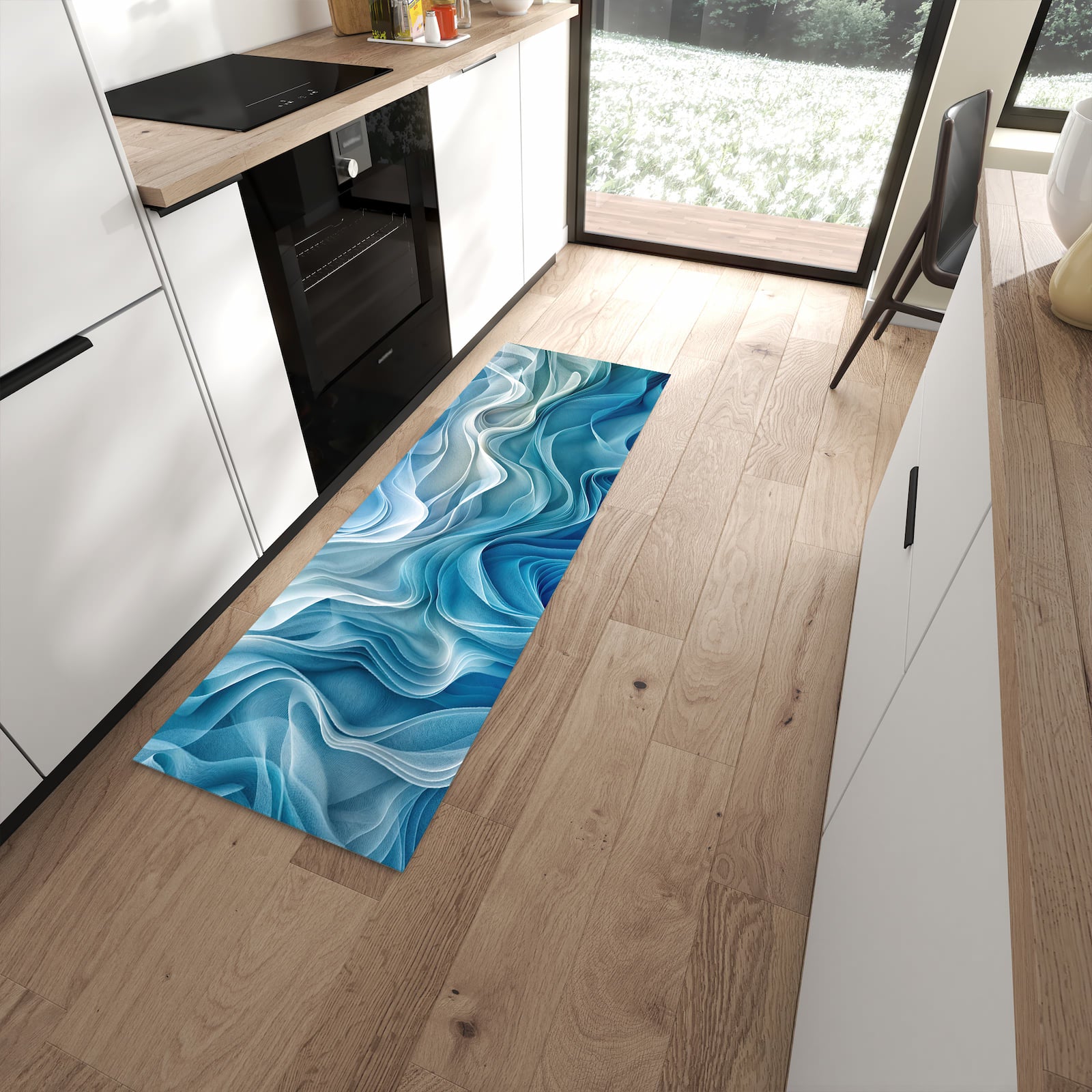 Langlebiger Küchenläufer mit Motiv Wellenfließend in moderner Küche