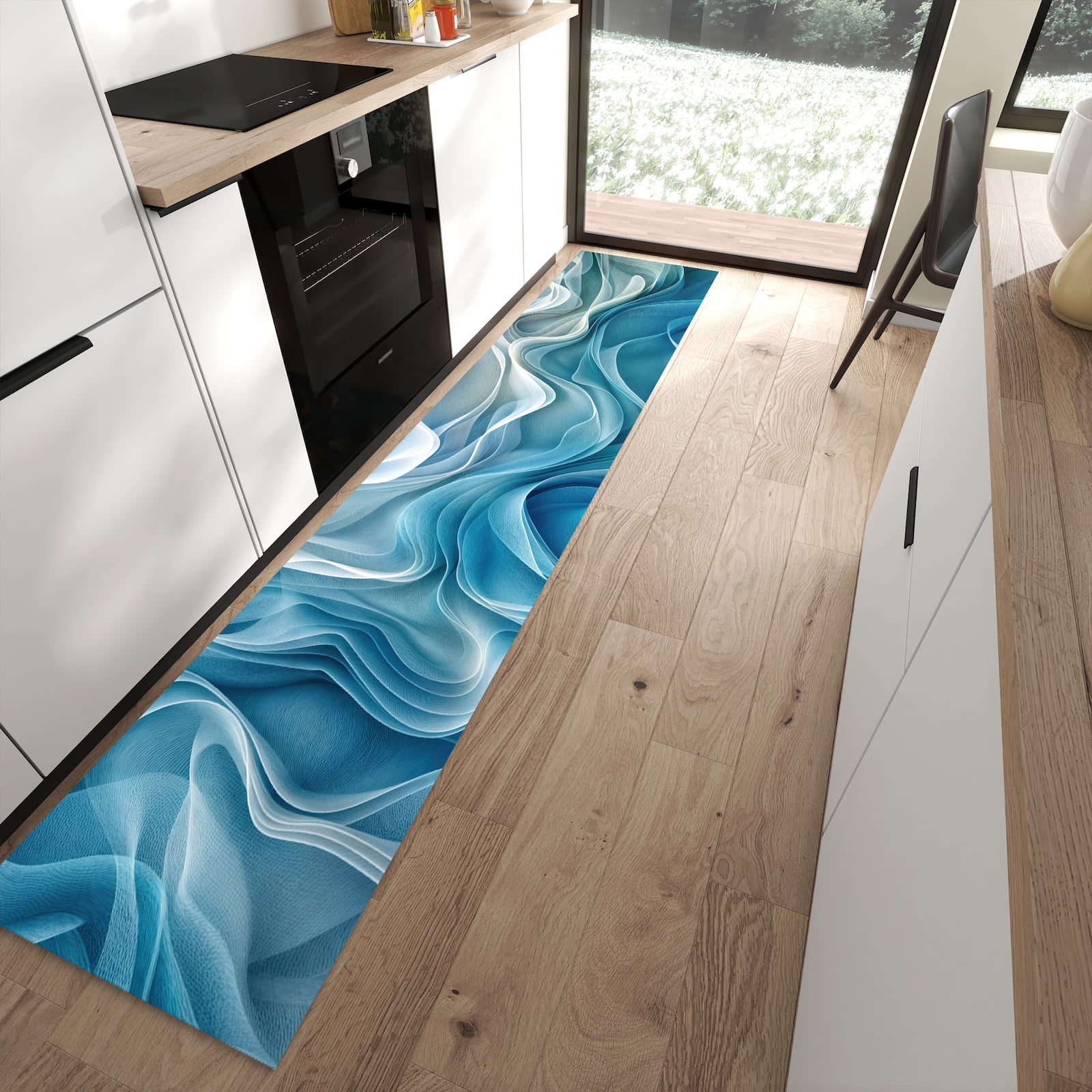 Bodenschonender langer Teppich mit Motiv Wellenfließend in moderner Küche