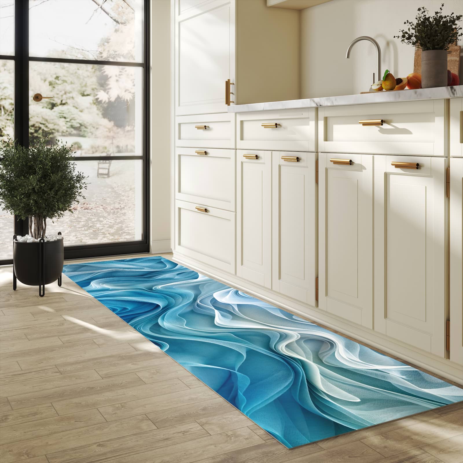 Langlebiger rutschfester Küchenläufer mit Motiv Wellenfließend in heller Küche