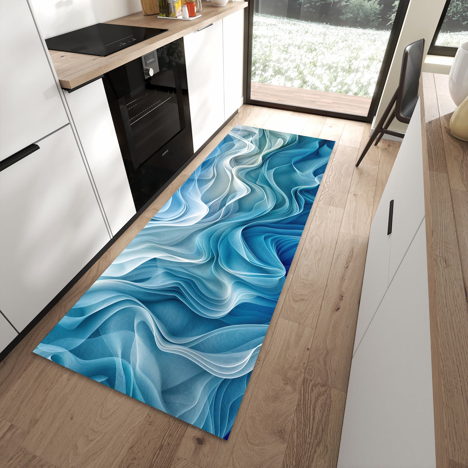 Geräuschdämpfender Teppich für Esstisch mit Motiv Wellenfließend in moderner Küche