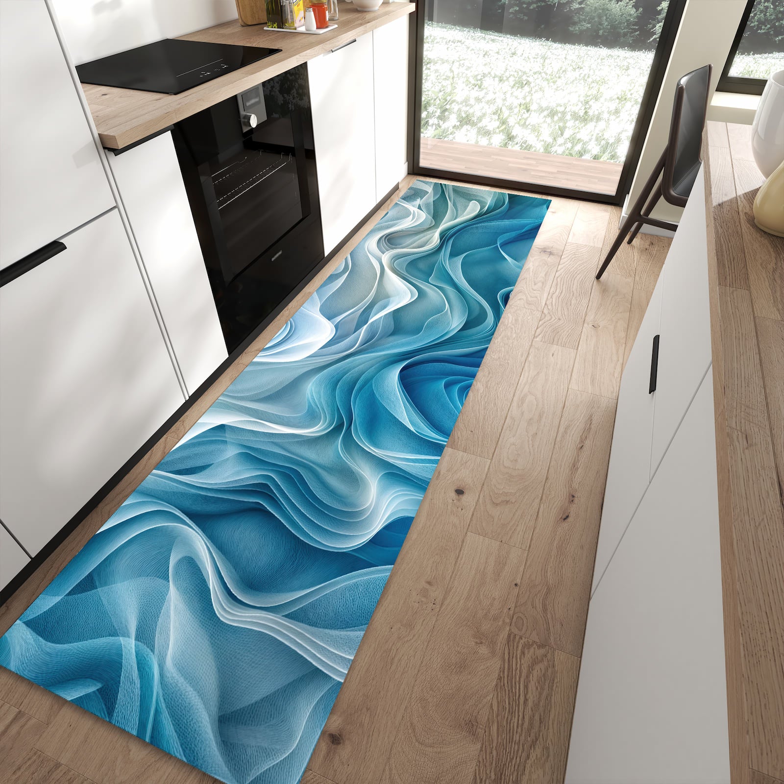 Waschbarer Küchenteppich mit Motiv Wellenfließend in moderner Küche für sichere Aufbewahrung