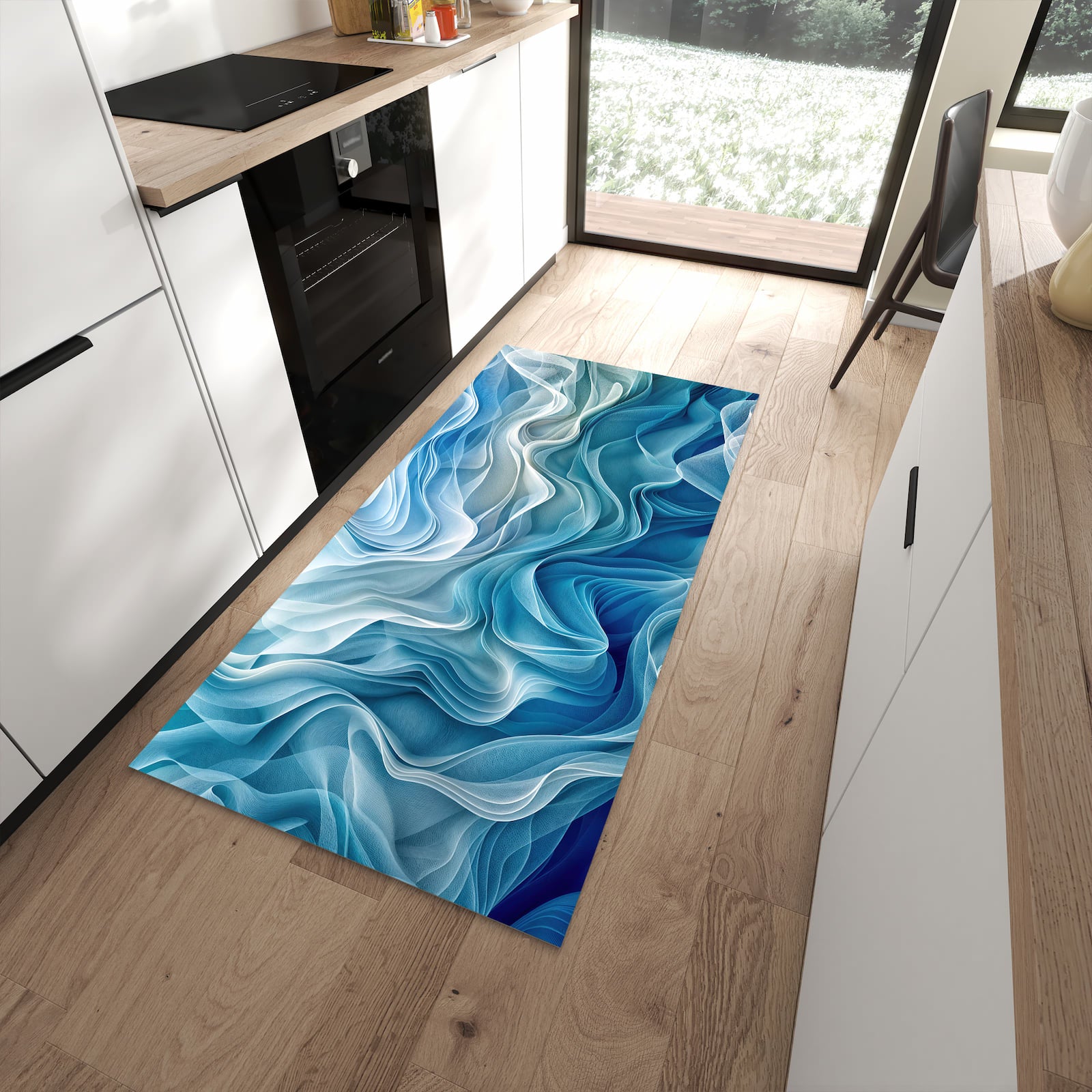 Waschbarer Teppich fürs Esszimmer mit Motiv Wellenfließend in moderner Küche