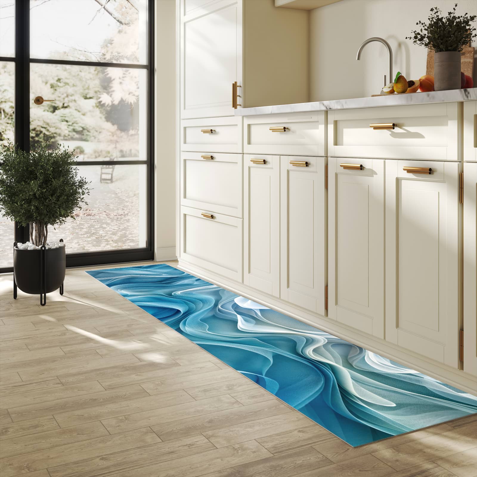 Waschbarer Küchenteppich mit Motiv Wellenfließend für Trittkomfort in heller Küche