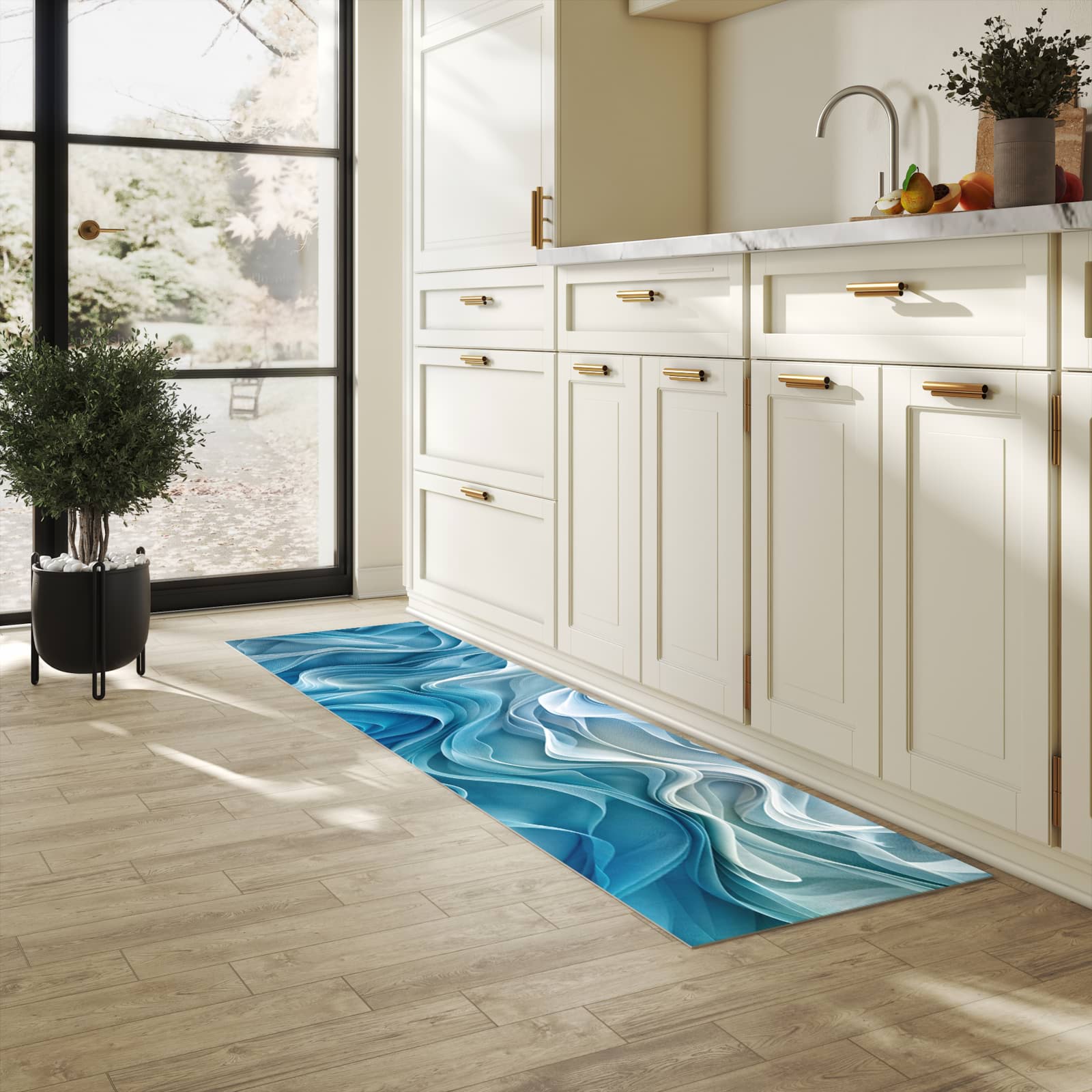 Abriebfester großer Küchenteppich mit Motiv Wellenfließend in heller Küche