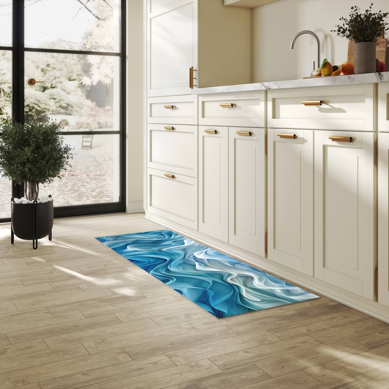 Geräuschdämpfender waschbarer Küchenteppich mit Motiv Wellenfließend in heller Küche