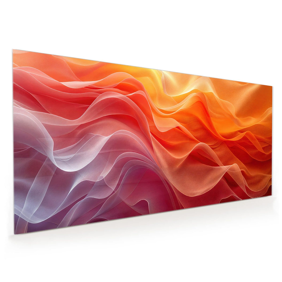 Küchenrückwand aus Glas im Hochformat mit Motiv Orange Seidenfalten: Übereinandergelegte Stofffalten im Verlauf von Orange über Rot zu Pink