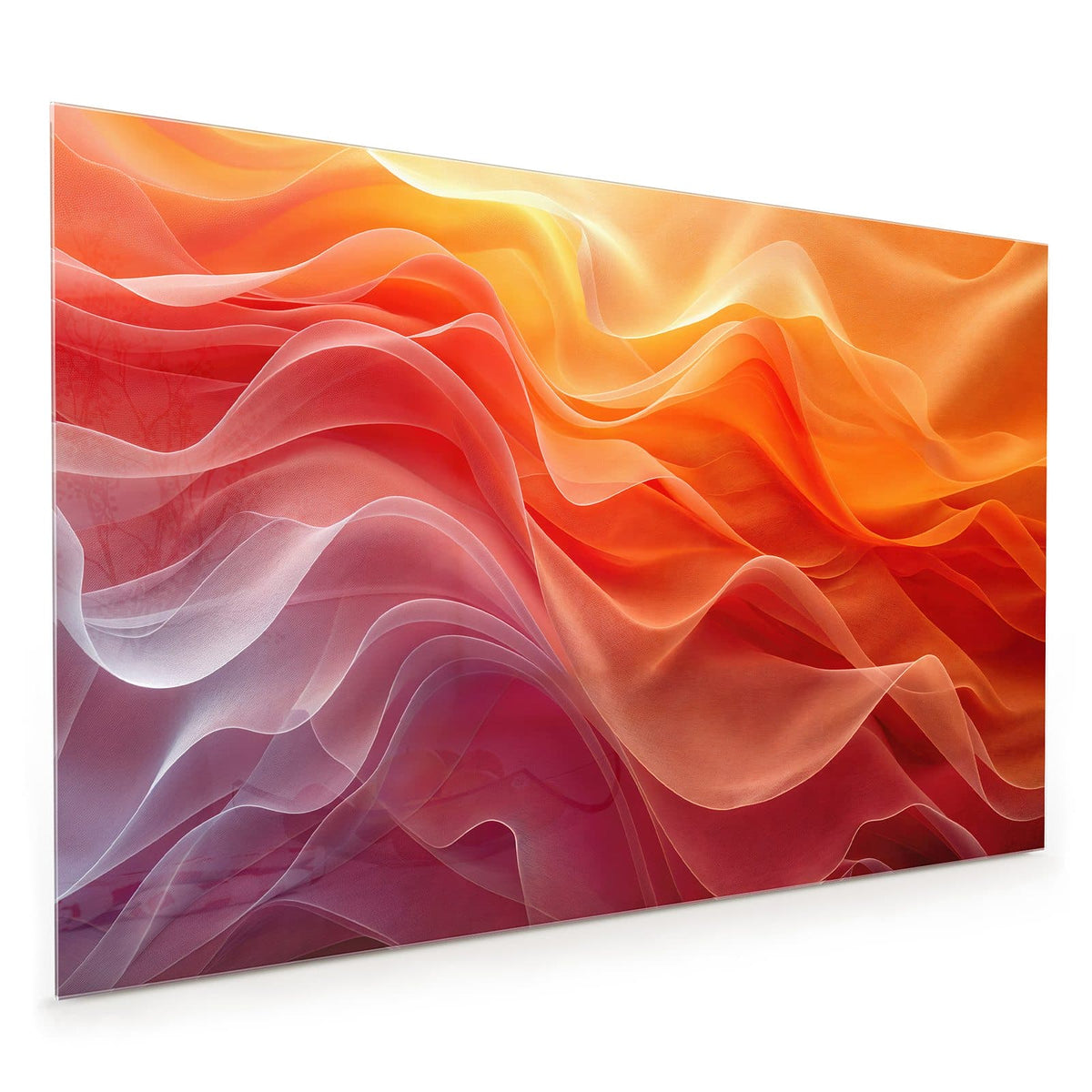 Küchenrückwand aus Glas im Hochformat mit Motiv Orange Seidenfalten: Übereinandergelegte Stofffalten im Verlauf von Orange über Rot zu Pink