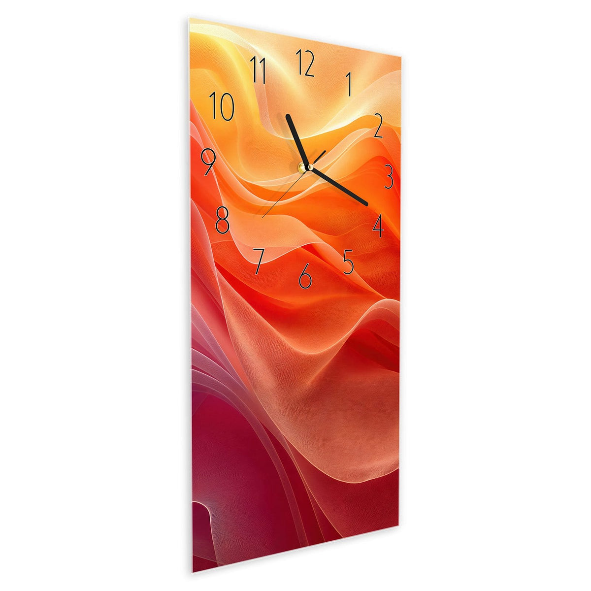 Wanduhr aus Glas im Hochformat Orange Seidenfalten schräg von der Seite, 4 mm starkes Glas