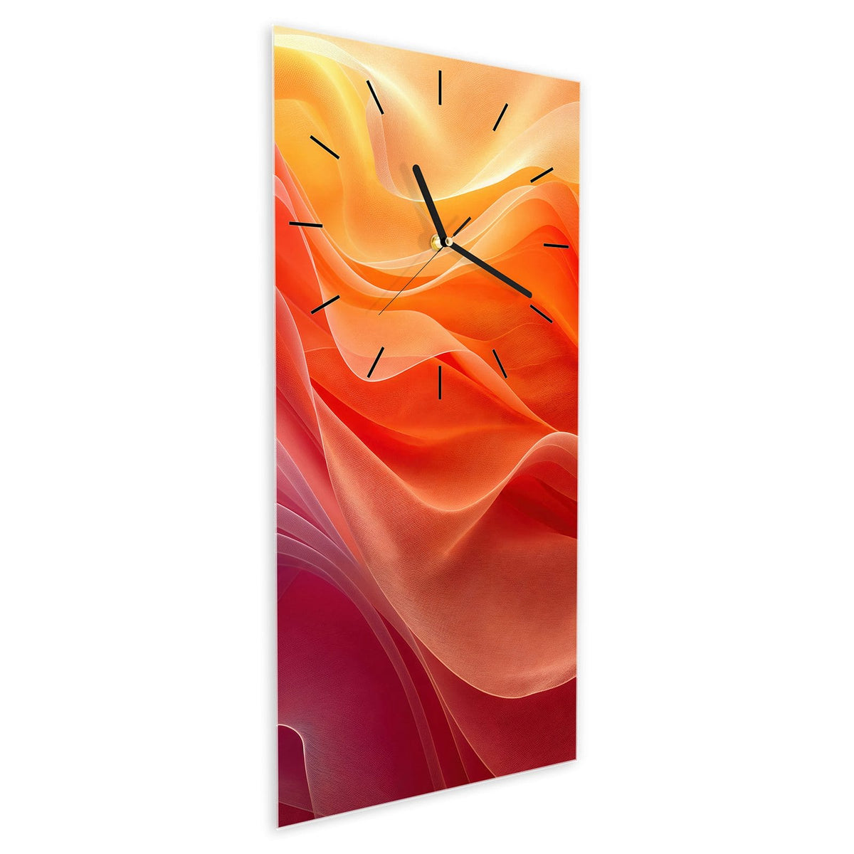 Wanduhr aus Glas im Hochformat Orange Seidenfalten schräg von der Seite, 4 mm starkes Glas