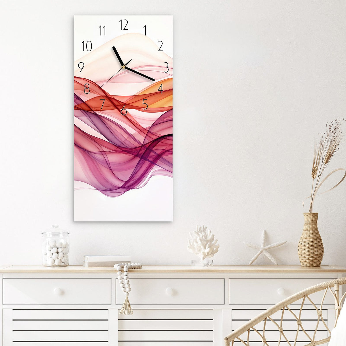 Wanduhr Farbige Schleier aus Glas – Schwebende Linien in Violett