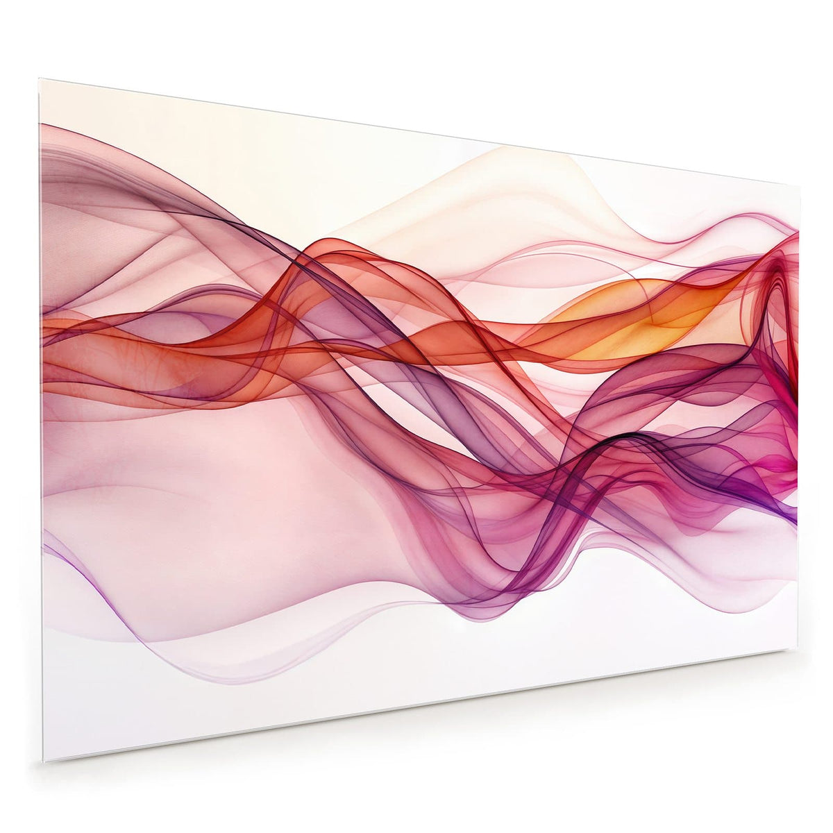 Küchenrückwand aus Glas im Hochformat: Durchscheinende, geschwungene Schleier in Magenta, Pink und Orange auf weißem Grund.