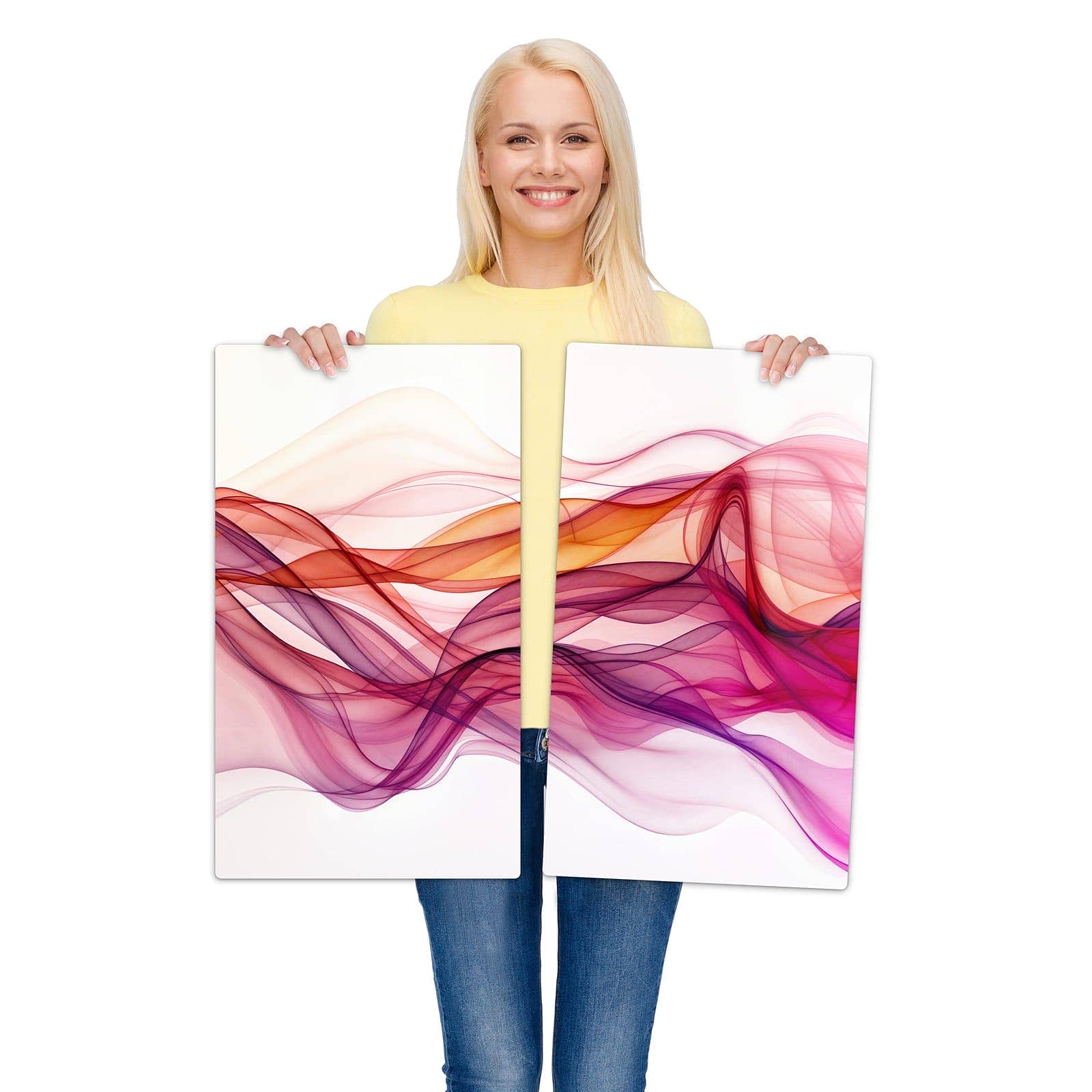 2-teilige Herdabdeckplatte mit Farbige Schleier-Motiv wird zur Größendarstellung gehalten