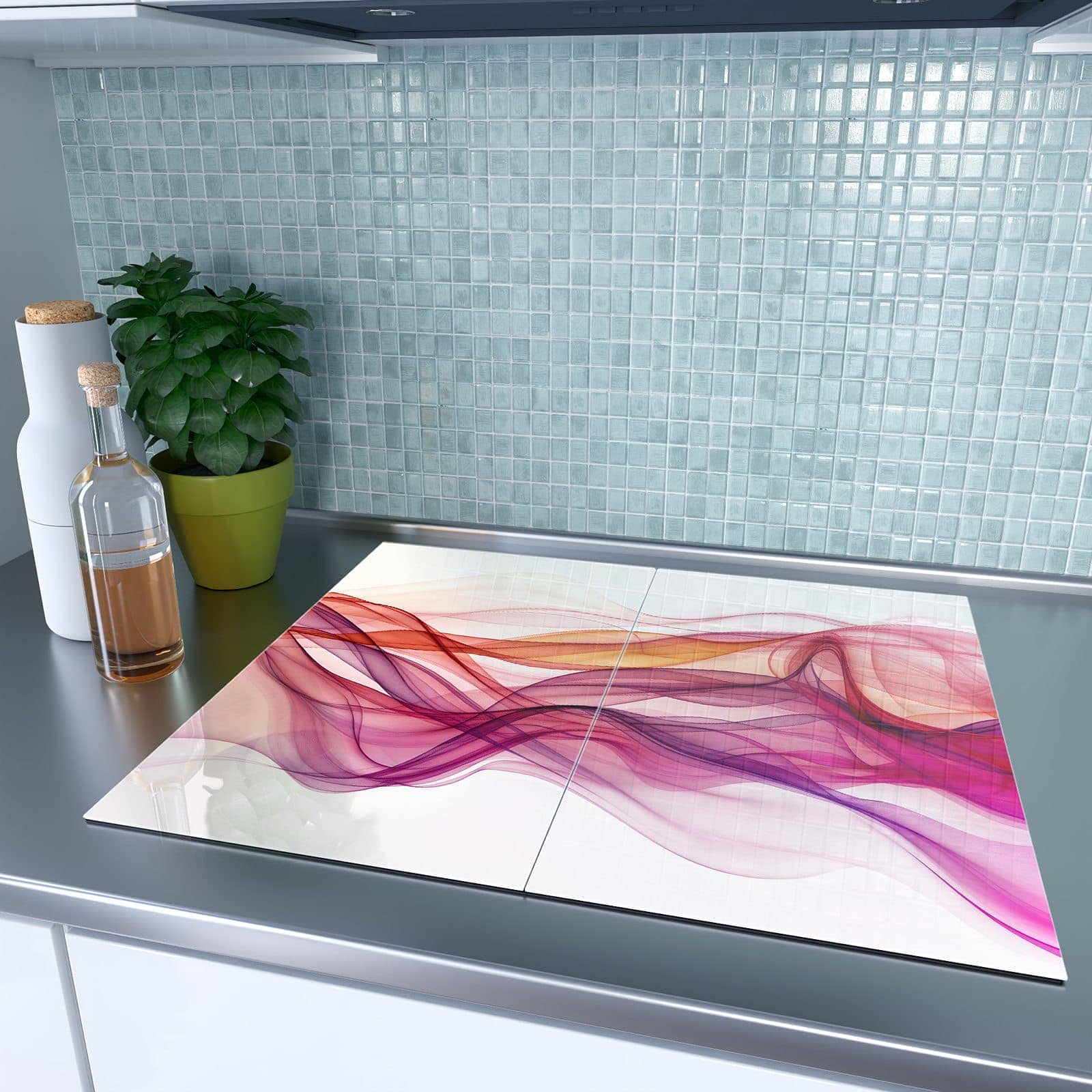 2-teilige Deckplatte aus Glas mit Farbige Schleier-Motiv auf dem Ceranfeld