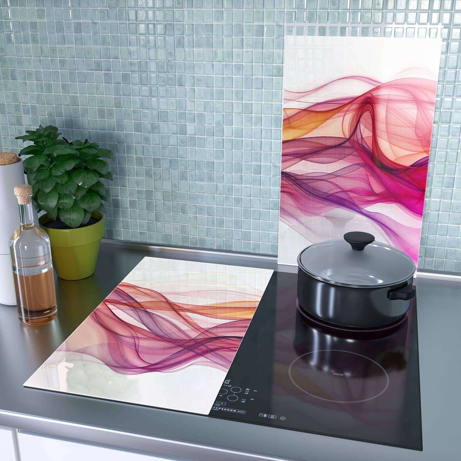 2-teilige Herdabdeckplatte Induktion mit Farbige Schleier-Motiv als Spritzschutz hinter dem Kochfeld