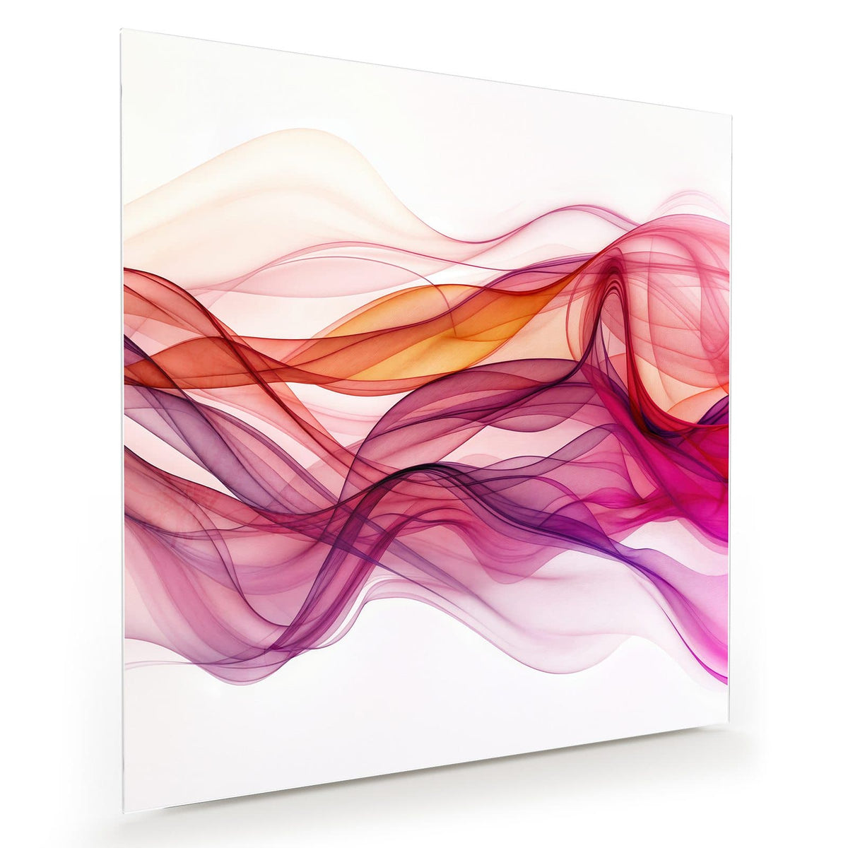 Durchscheinende, geschwungene Schleier in Magenta, Pink und Orange auf weißem Grund.